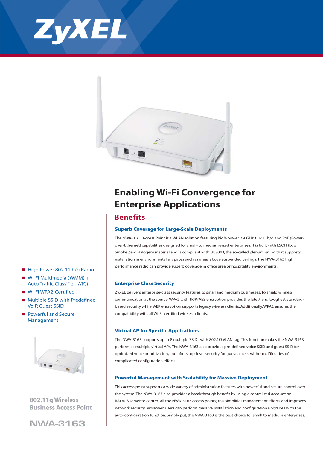 ZyXEL Communications NWA-3163 manual Benefits, Superb Coverage for Large-Scale Deployments, Enterprise Class Security 