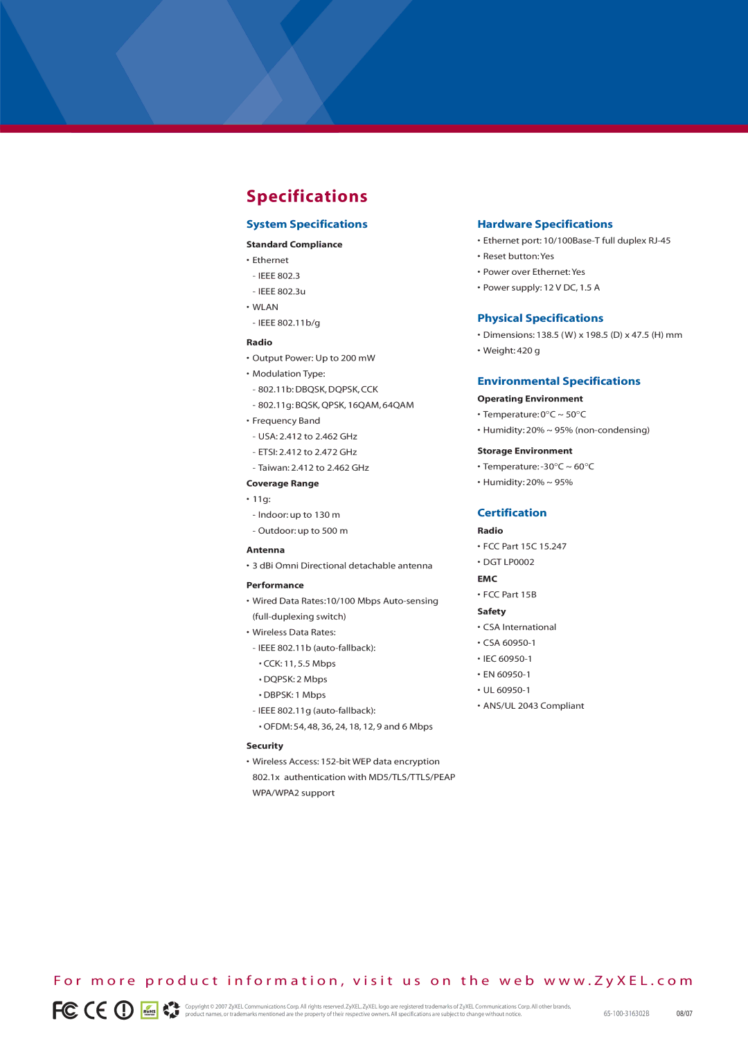 ZyXEL Communications NWA-3163 manual Specifications 