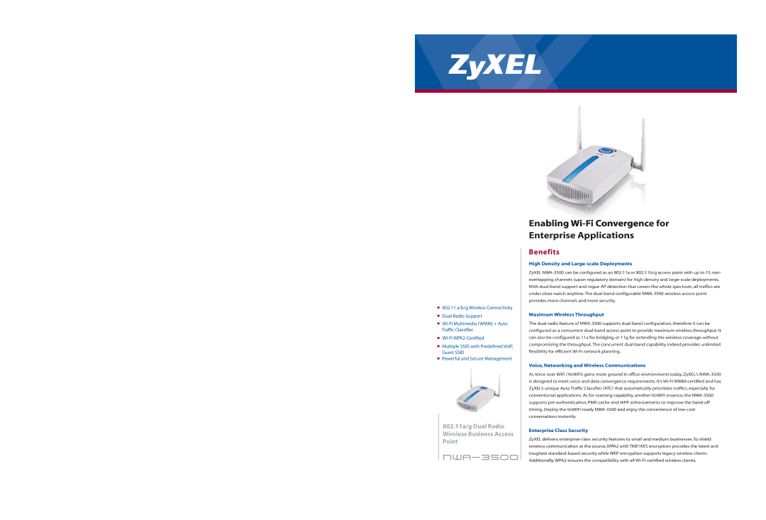 ZyXEL Communications NWA-3500 specifications Benefits, High Density and Large-scale Deployments, Enterprise Class Security 