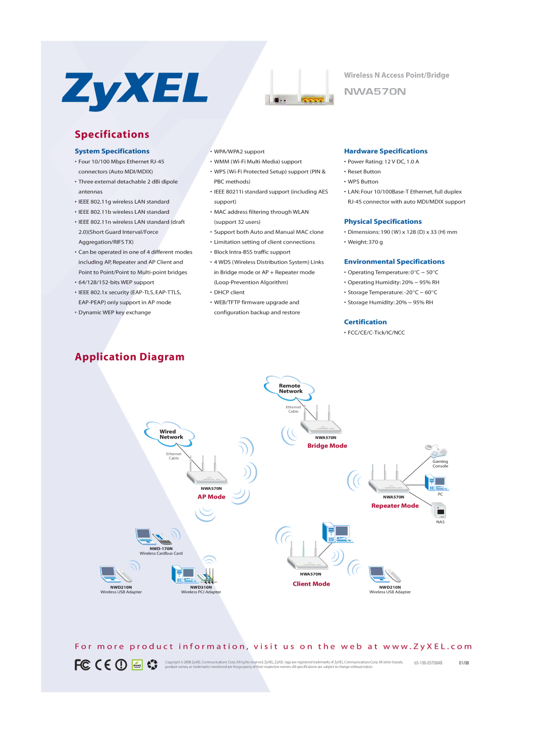 ZyXEL Communications NWA570N manual Specifications, Application Diagram 