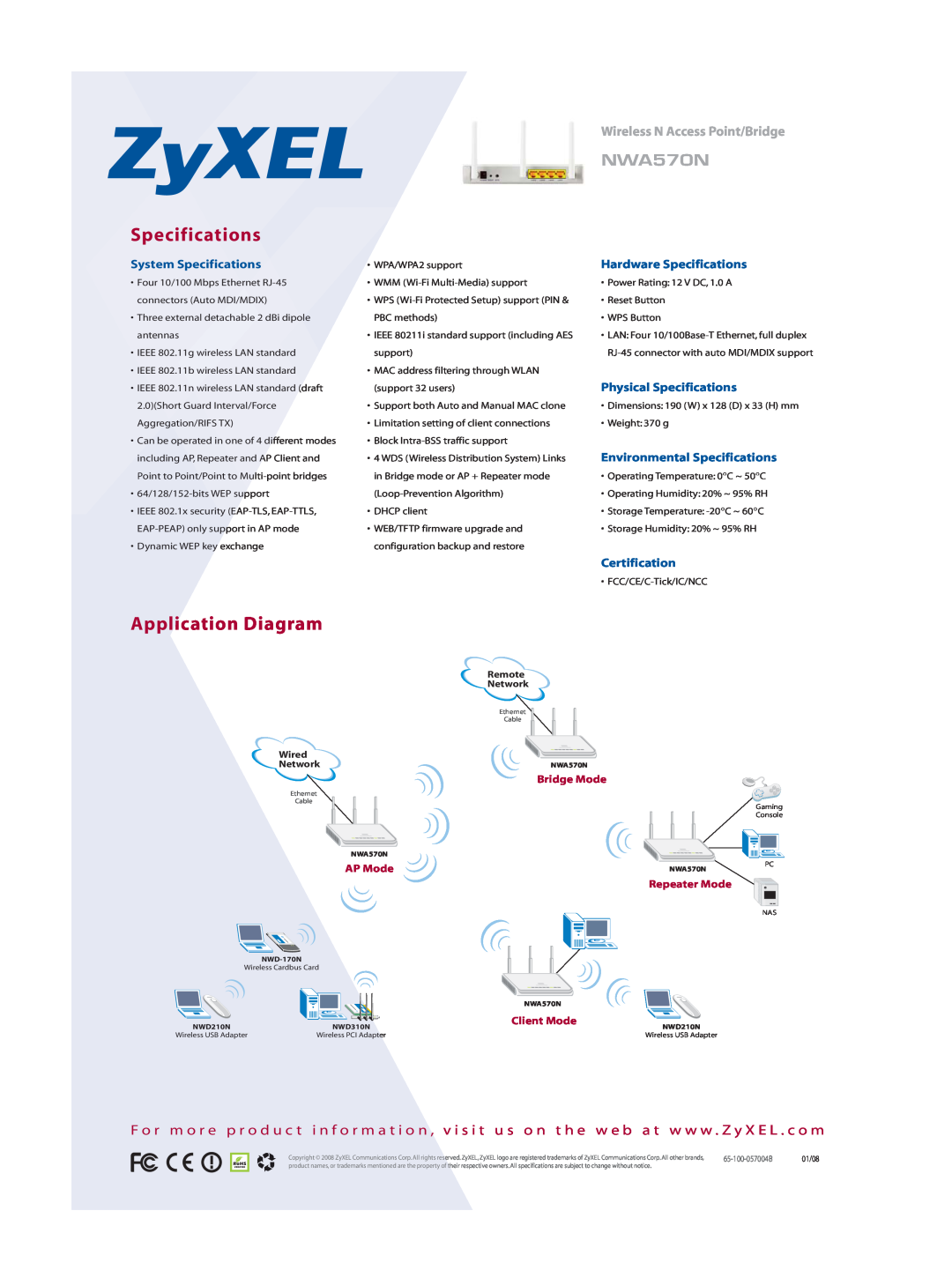 ZyXEL Communications NWA570N Application Diagram, System Specifications, Hardware Specifications, Certification, Gu a 