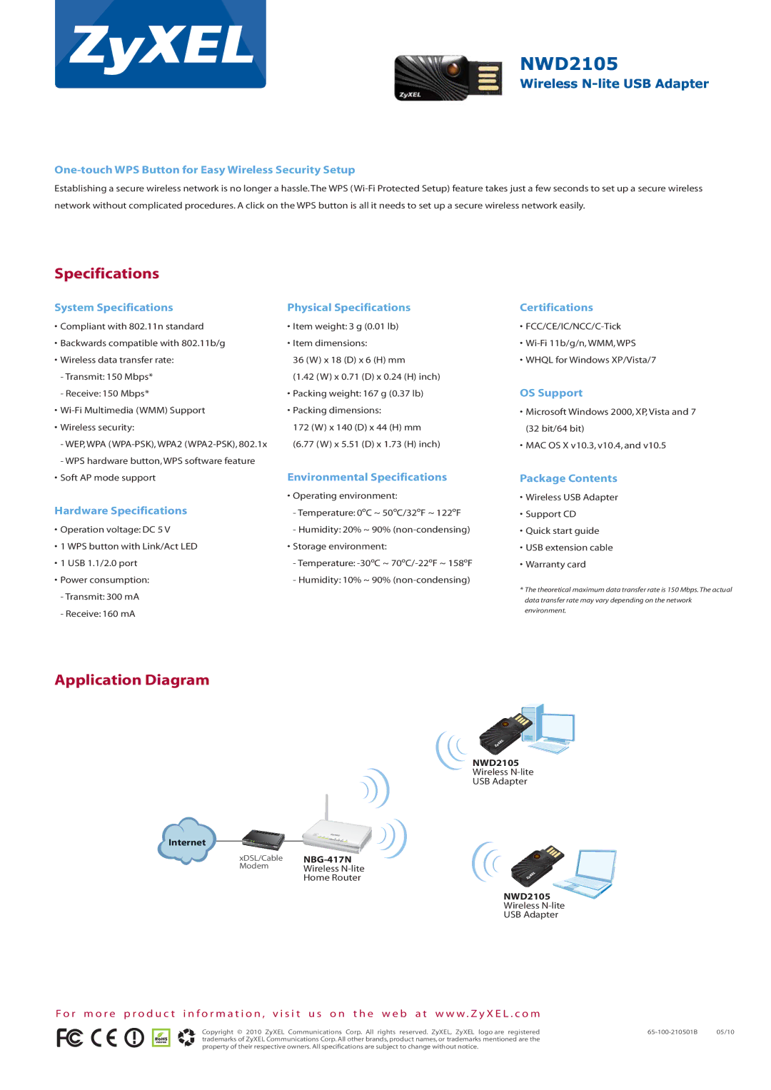 ZyXEL Communications NWD2105 manual Specifications, Application Diagram 