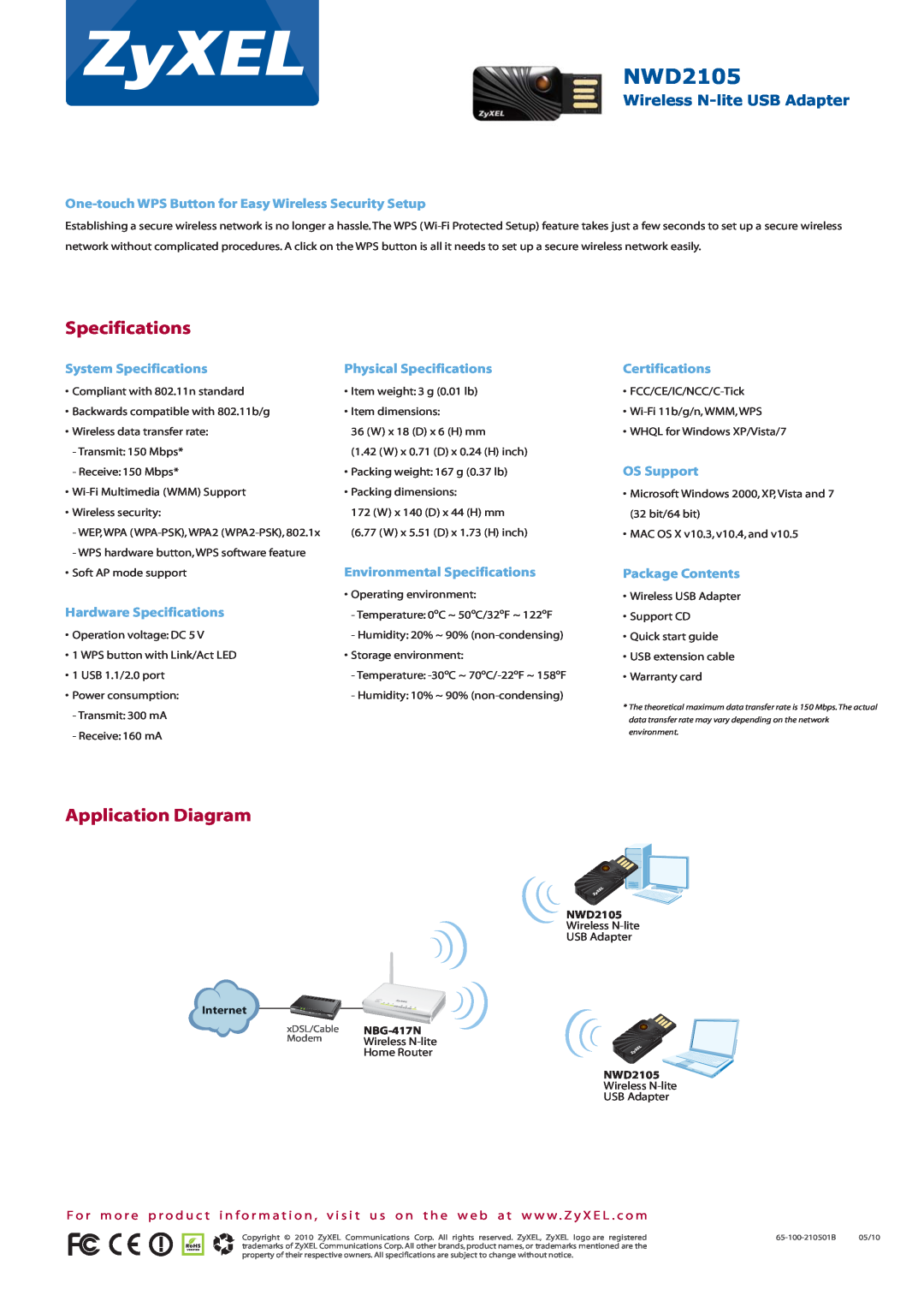ZyXEL Communications NWD2105 Specifications, Application Diagram, One-touch WPS Button for Easy Wireless Security Setup 