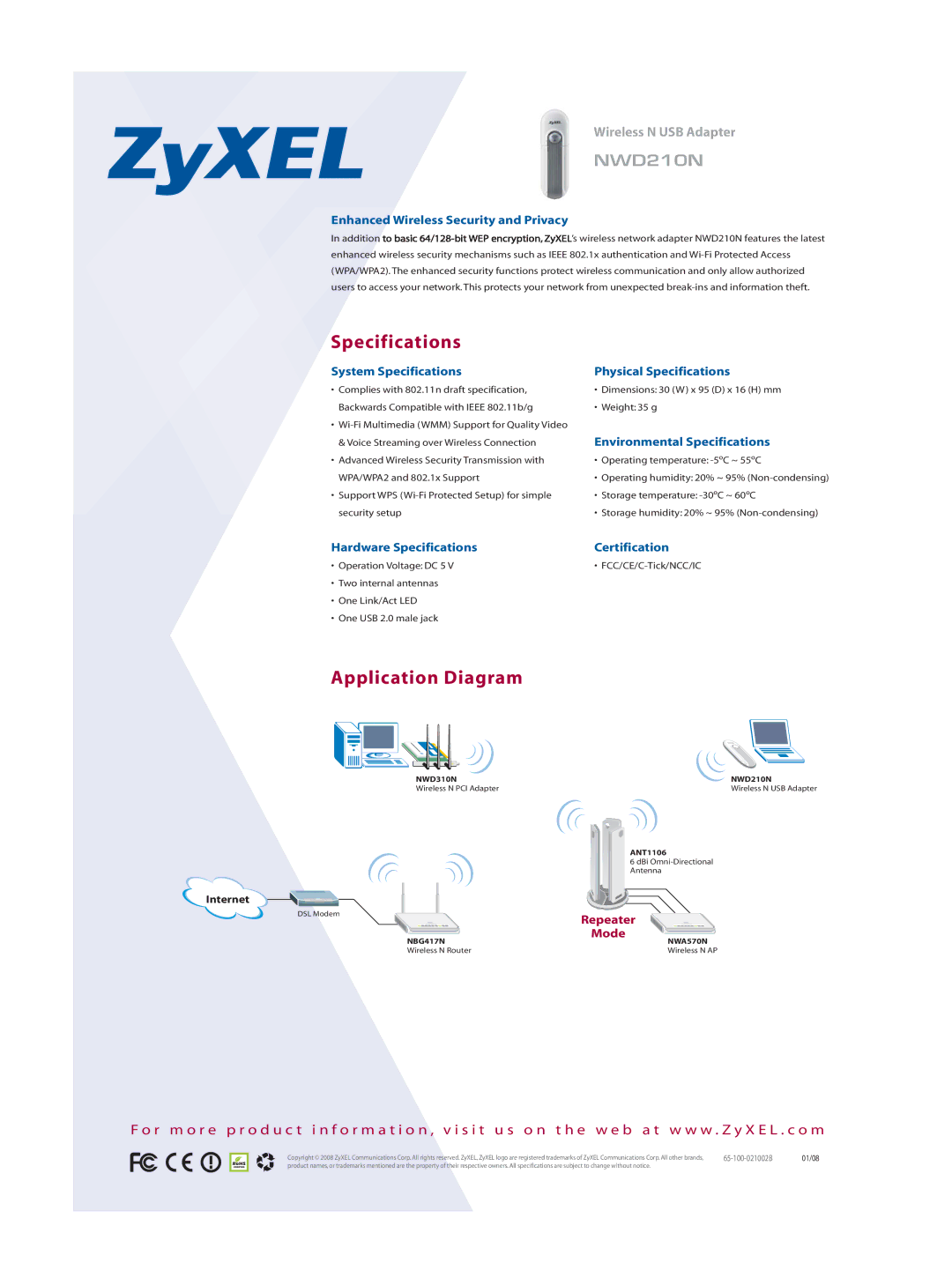 ZyXEL Communications NWD210N manual Specifications, Application Diagram 