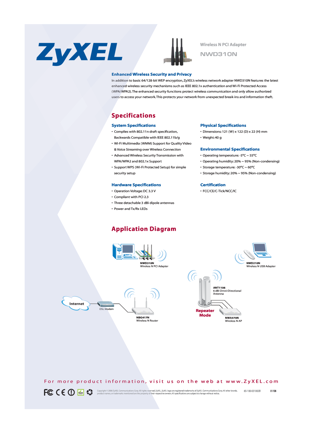 ZyXEL Communications NWD310N Specifications, Application Diagram, Enhanced Wireless Security and Privacy, Certification 