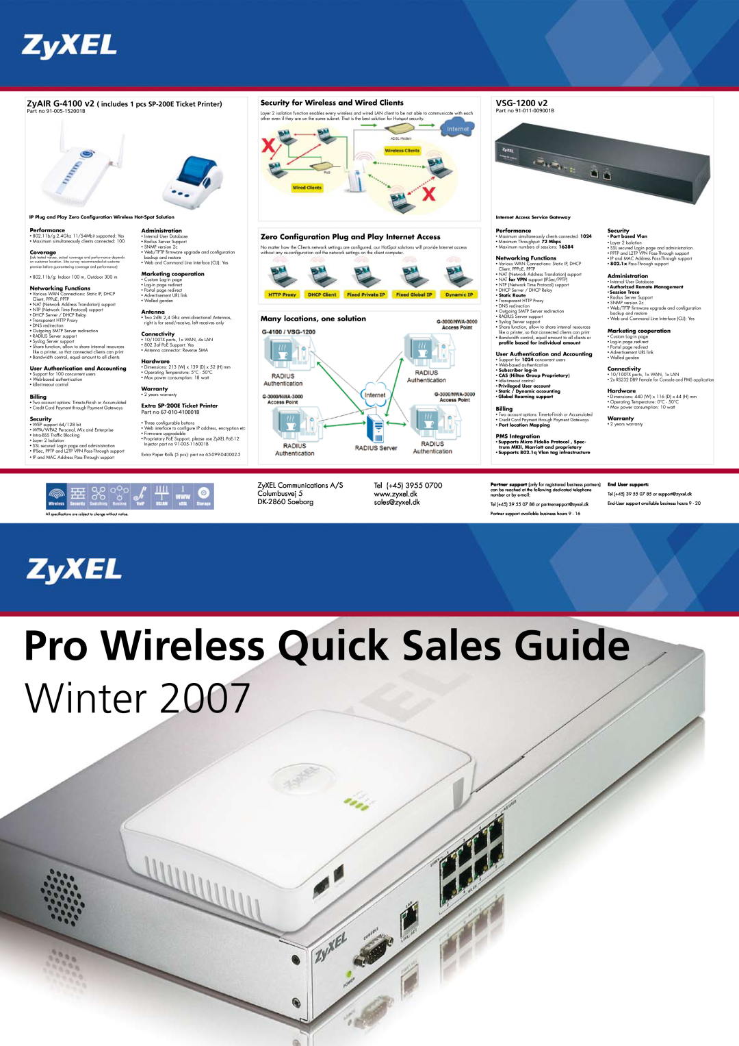 ZyXEL Communications NXC-8160 specifications VSG-1200, Pro Wireless Quick Sales Guide, Winter, ZyXEL Communications A/S 