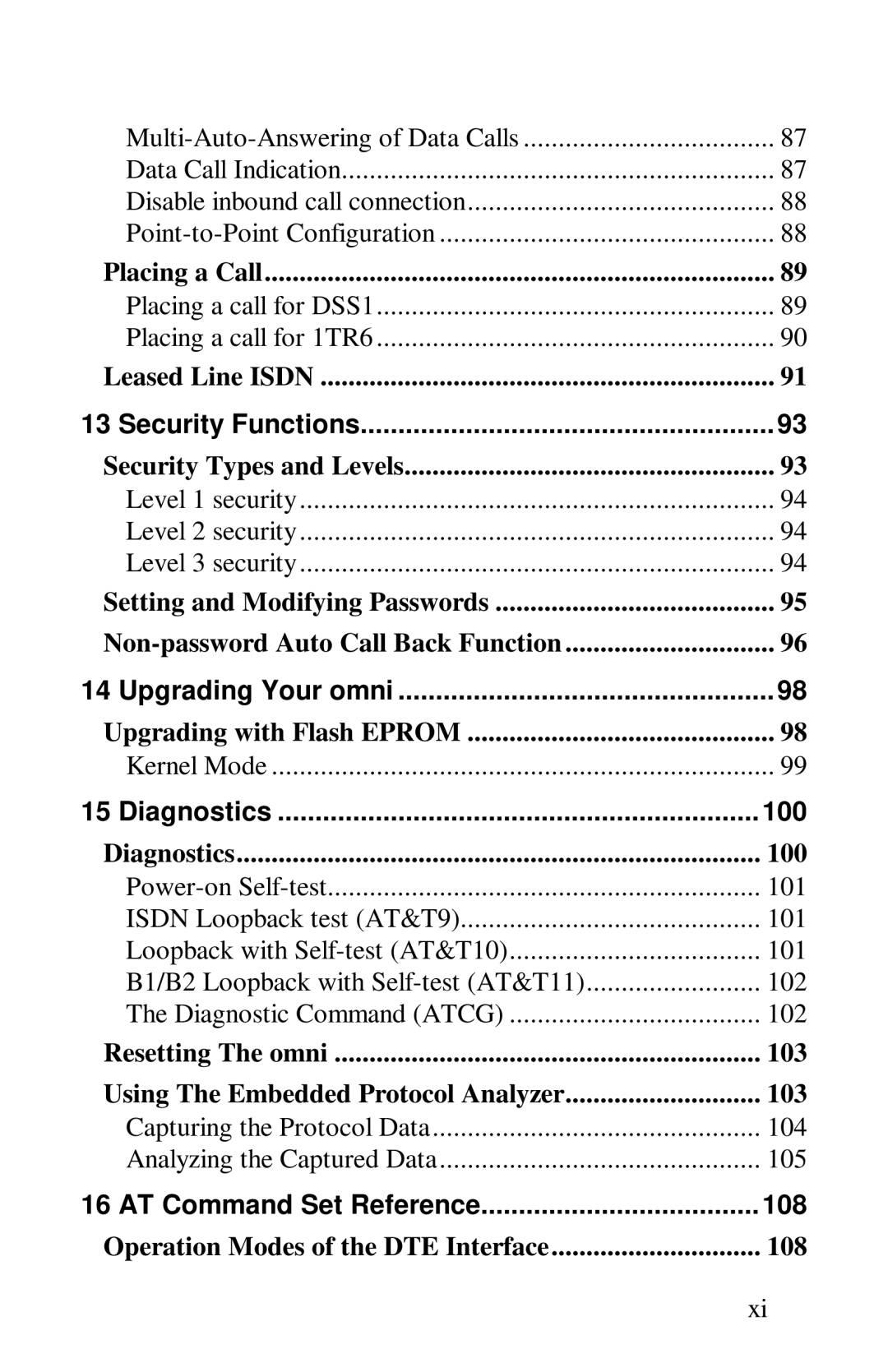 ZyXEL Communications omni series user manual Placing a Call, Upgrading with Flash Eprom, Diagnostics 100 