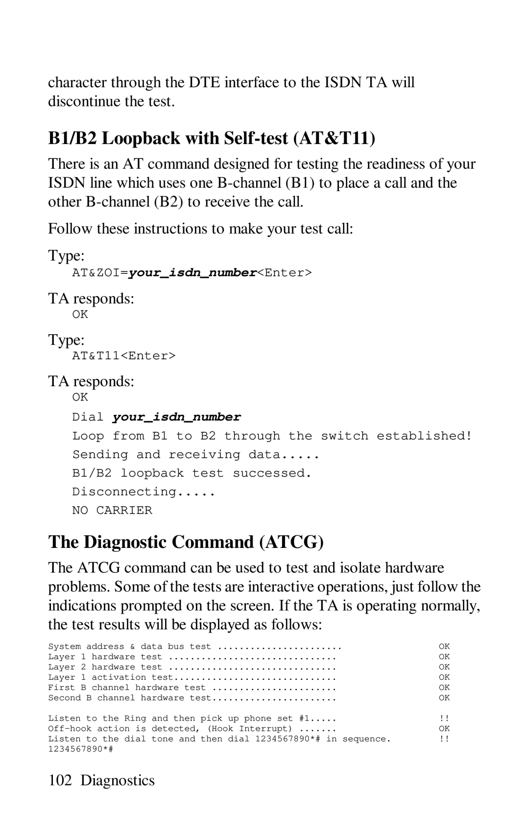 ZyXEL Communications omni series user manual B1/B2 Loopback with Self-test AT&T11, Diagnostic Command Atcg 