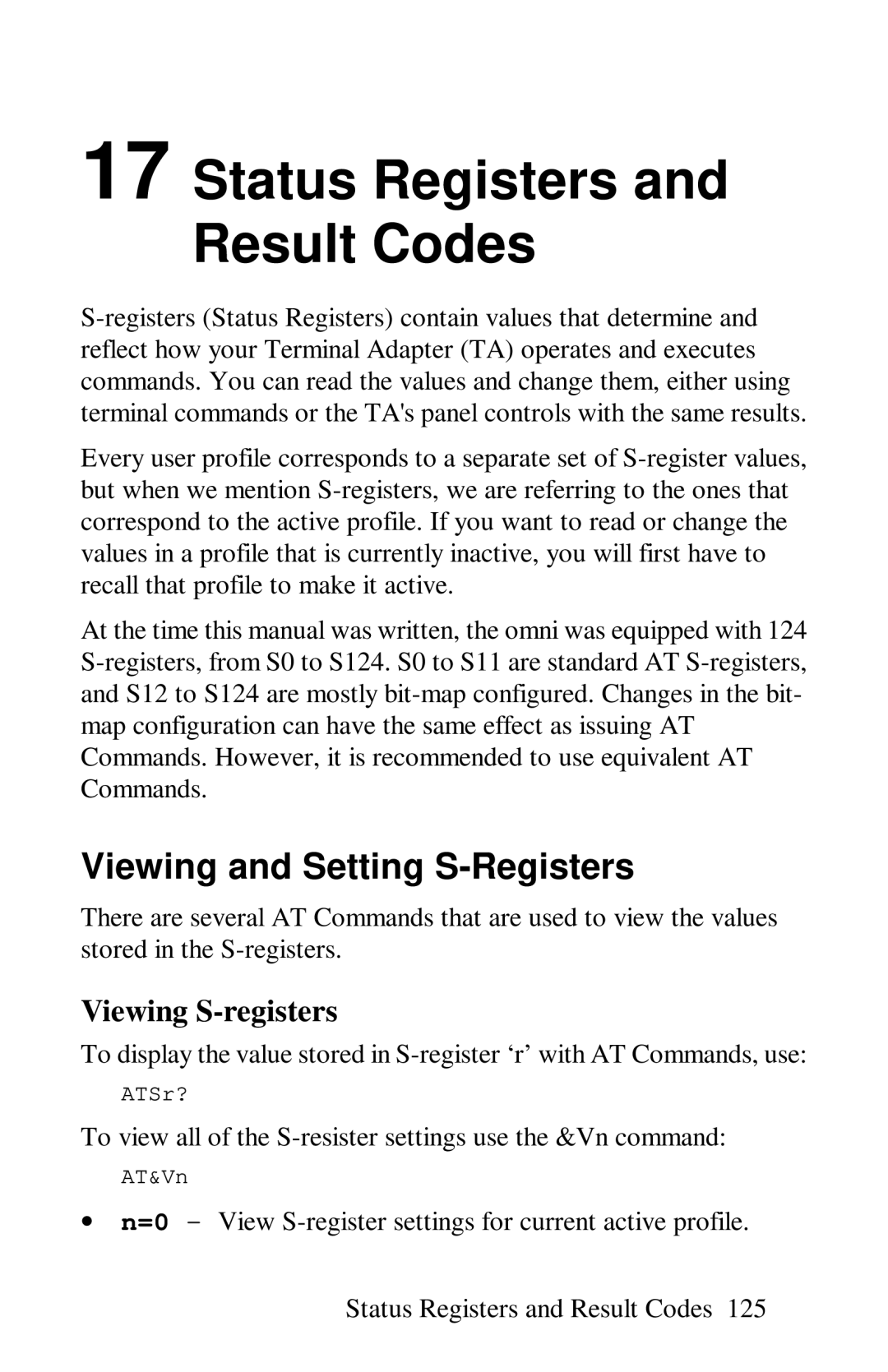 ZyXEL Communications omni series Status Registers and Result Codes, Viewing and Setting S-Registers, Viewing S-registers 