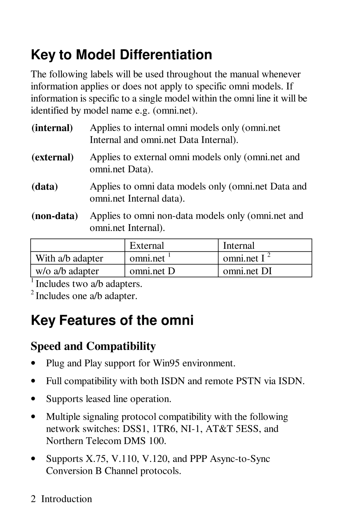 ZyXEL Communications omni series Key to Model Differentiation, Key Features of the omni, Speed and Compatibility 