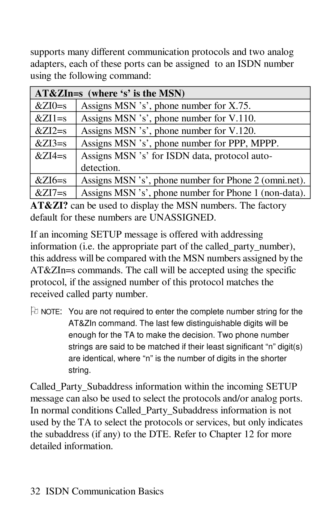 ZyXEL Communications omni series user manual AT&ZIn=s where ‘s’ is the MSN 