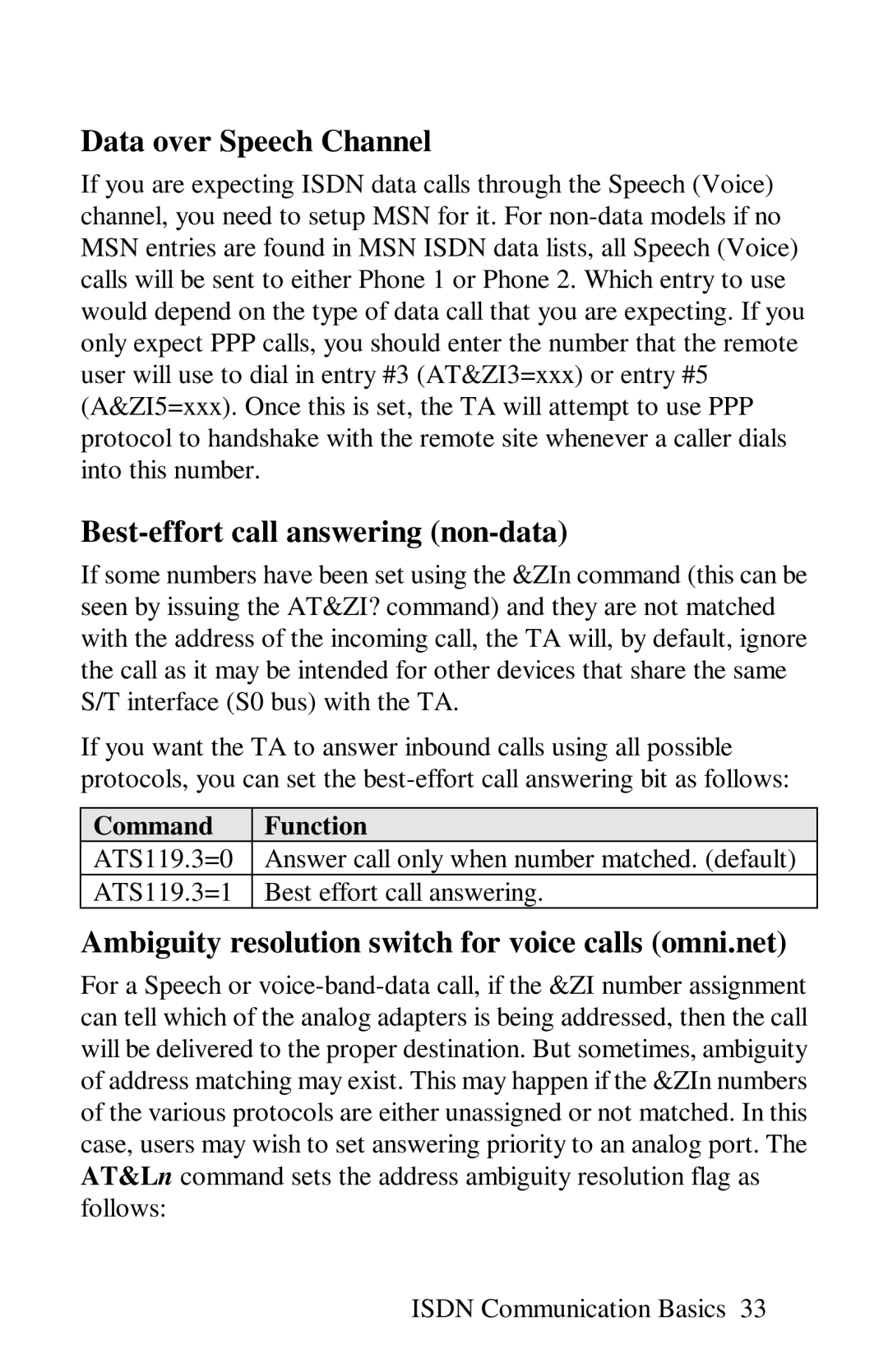 ZyXEL Communications omni series Data over Speech Channel, Best-effort call answering non-data, Command Function 