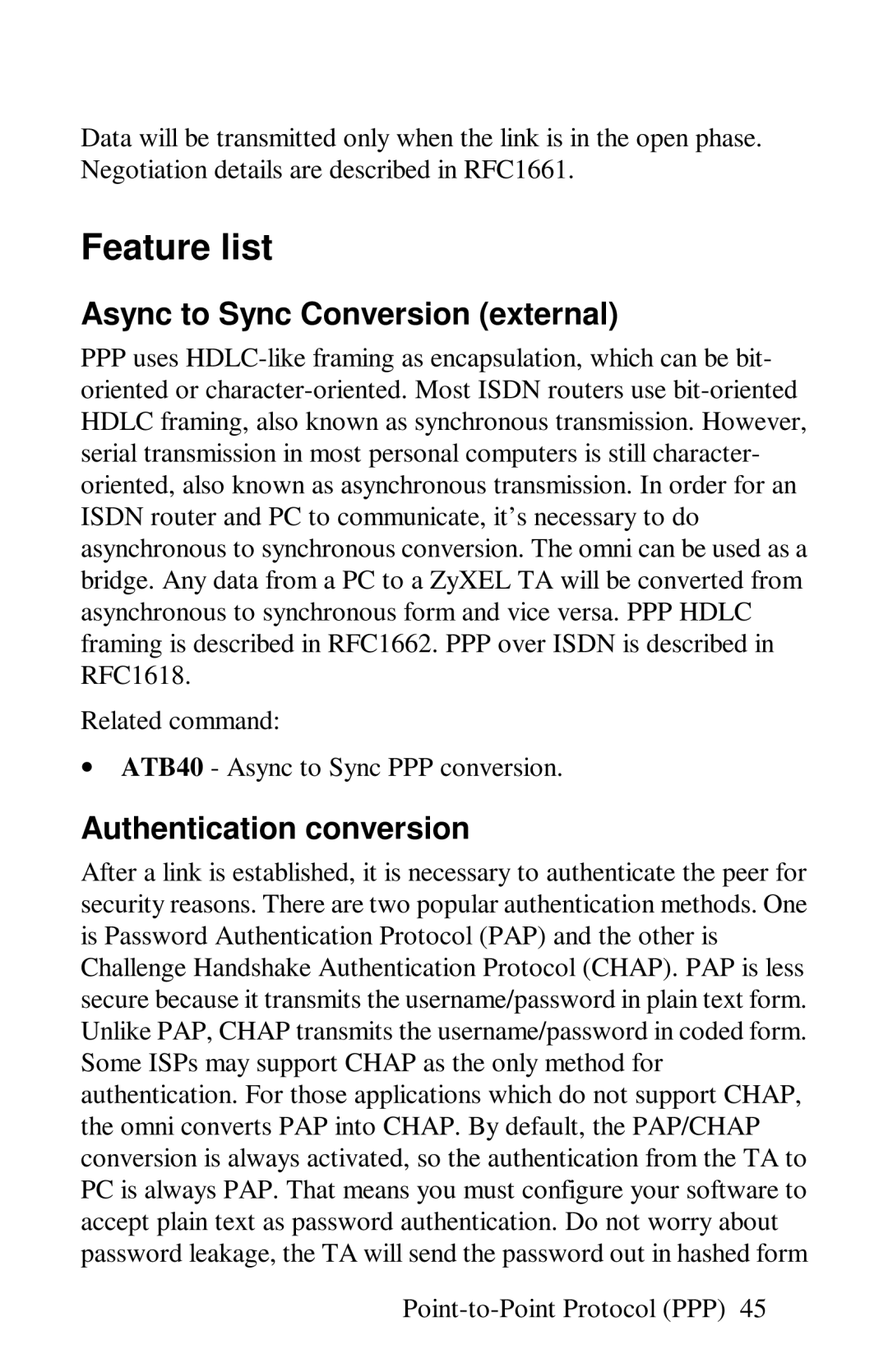 ZyXEL Communications omni series user manual Feature list, Async to Sync Conversion external 