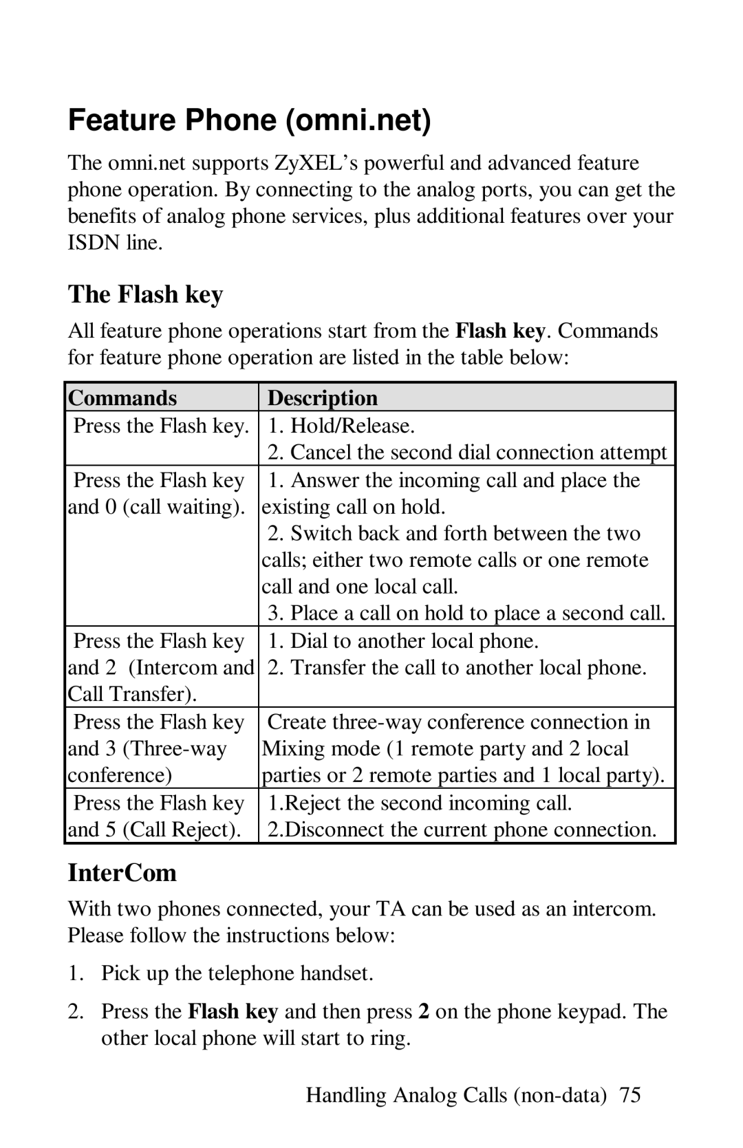 ZyXEL Communications omni series user manual Feature Phone omni.net, Flash key, InterCom, Commands Description 