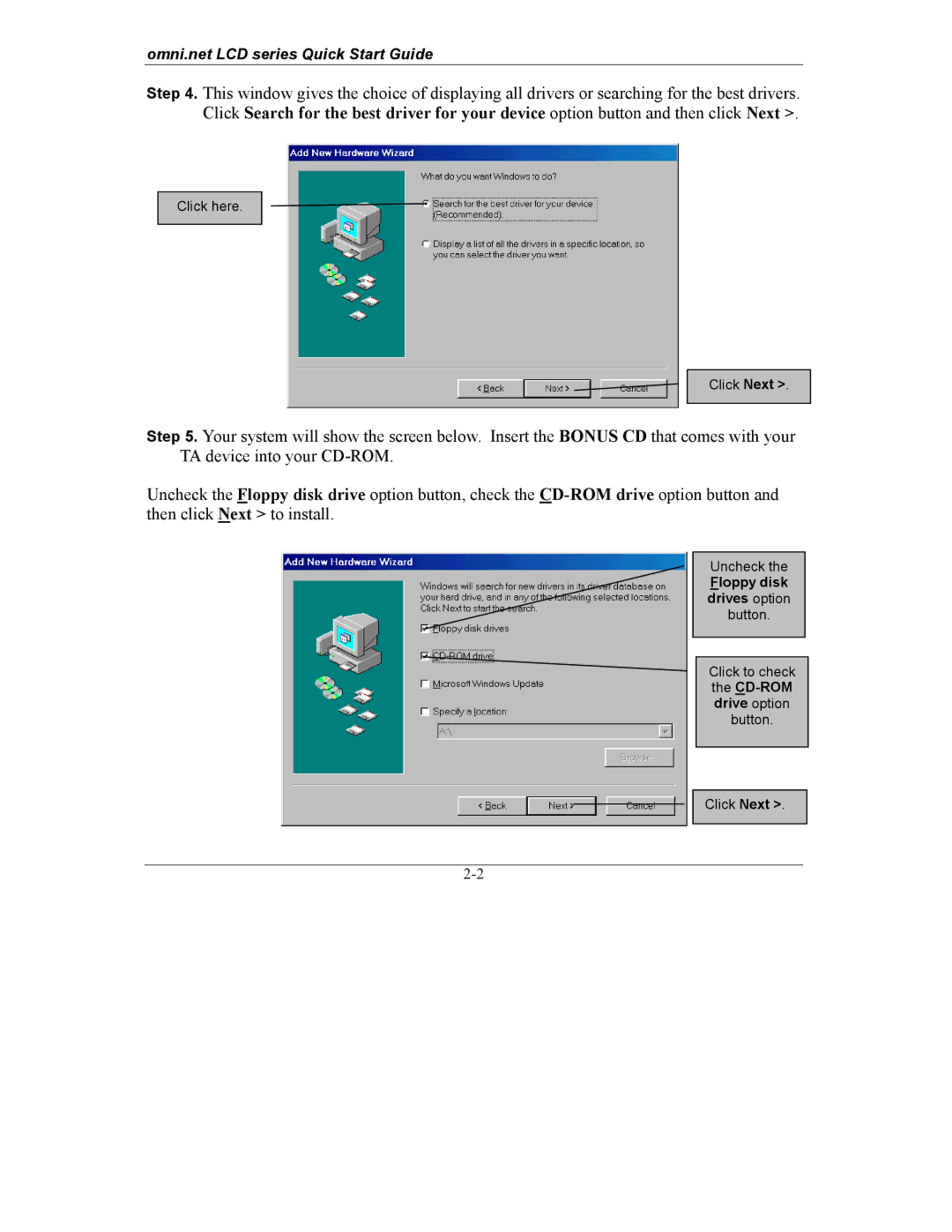 ZyXEL Communications omni.net LCD series quick start Floppy disk drives option button 