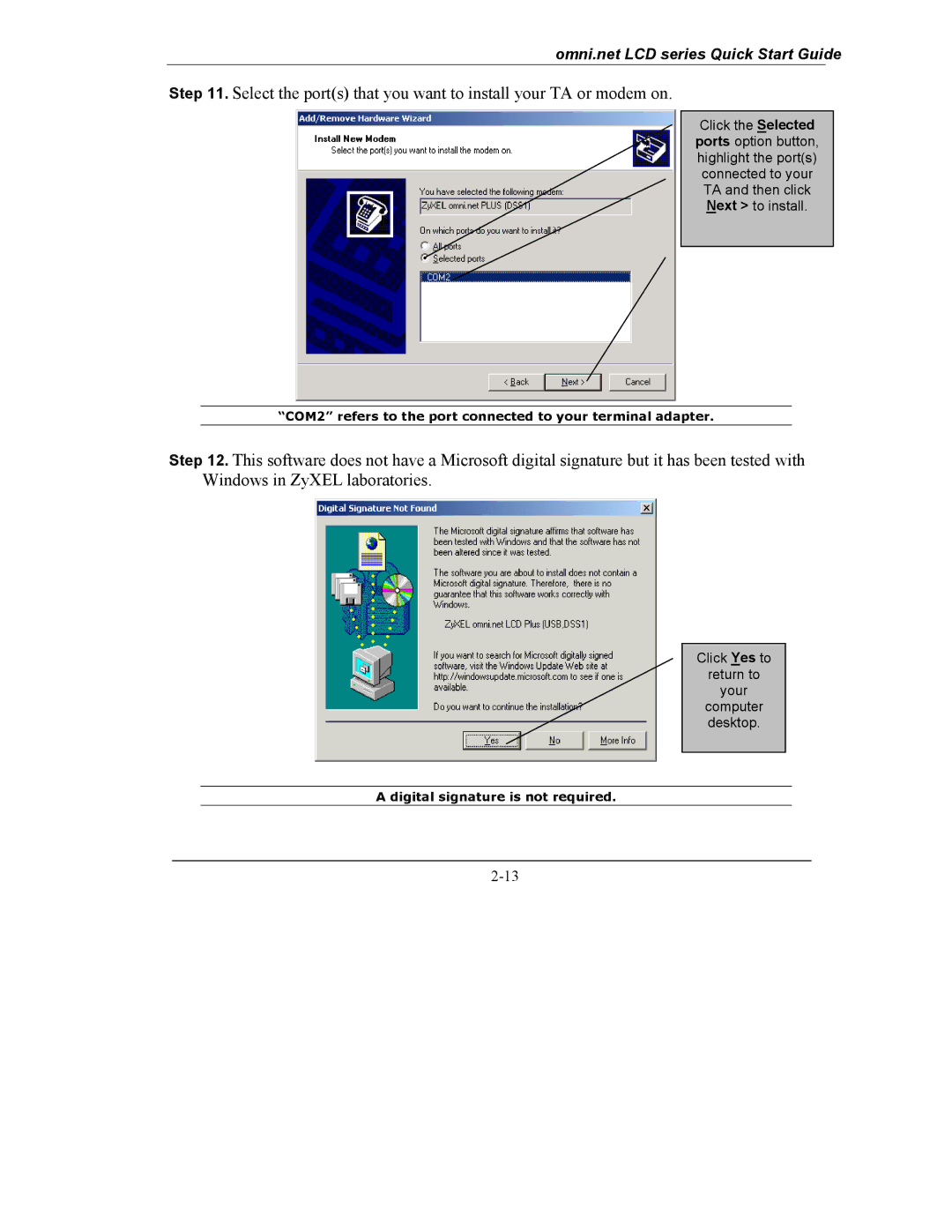 ZyXEL Communications omni.net LCD series quick start COM2 refers to the port connected to your terminal adapter 