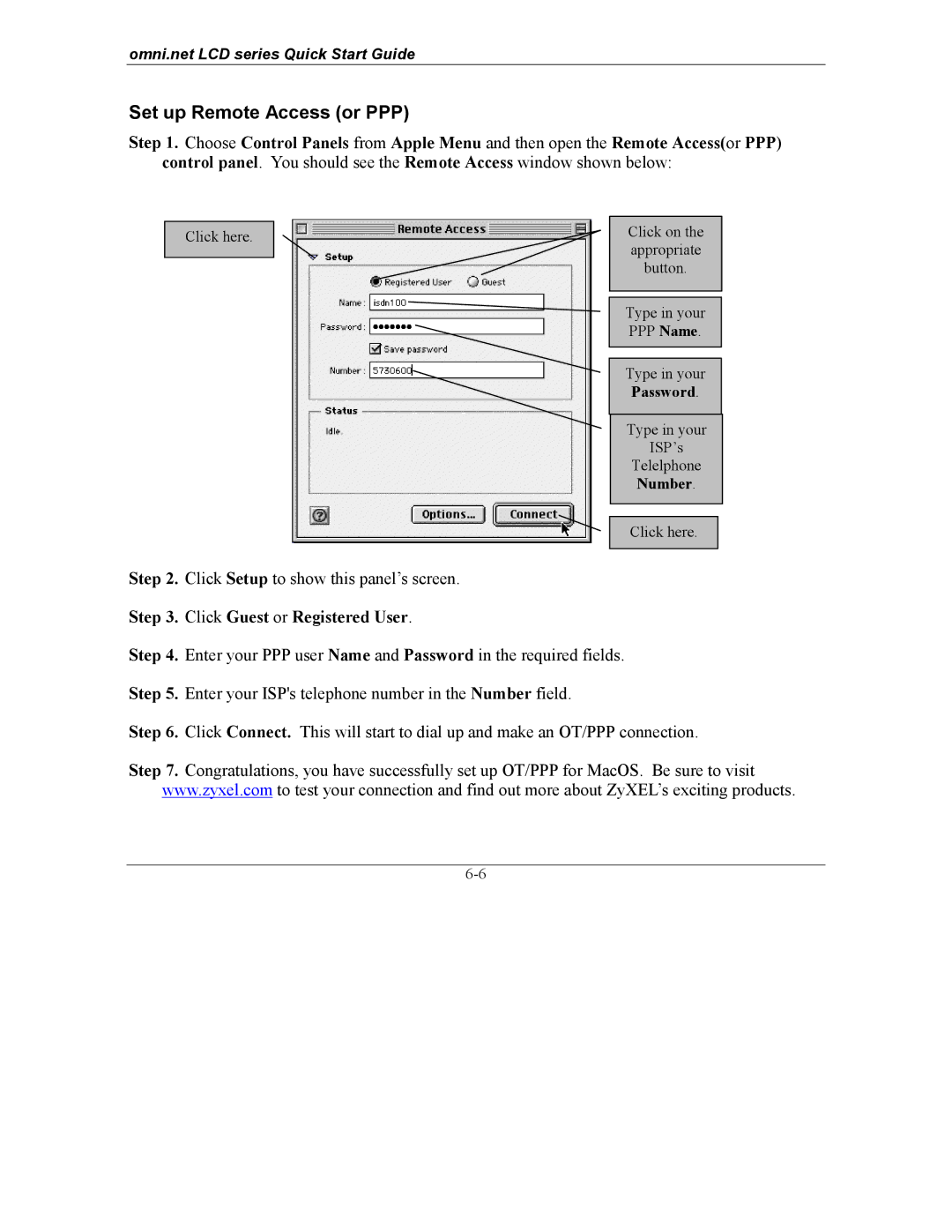 ZyXEL Communications omni.net LCD series quick start Set up Remote Access or PPP, Click Setup to show this panel’s screen 