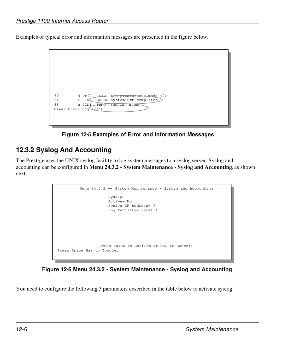 ZyXEL Communications P-1100 manual Syslog And Accounting, Examples of Error and Information Messages 