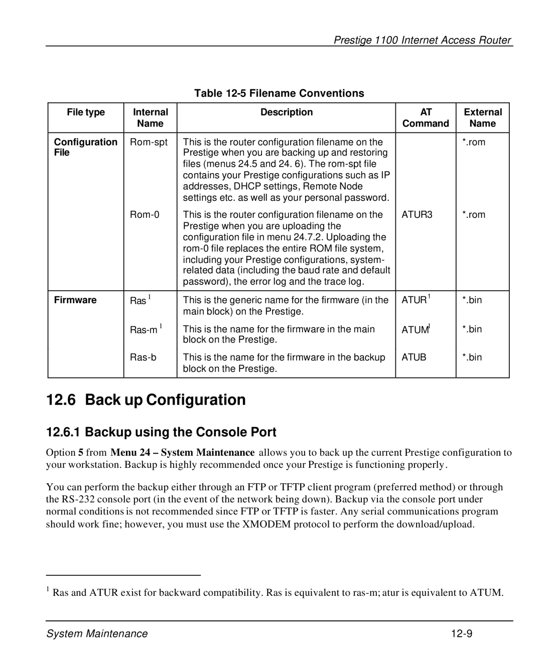 ZyXEL Communications P-1100 manual Back up Configuration, Backup using the Console Port, Filename Conventions, Firmware 