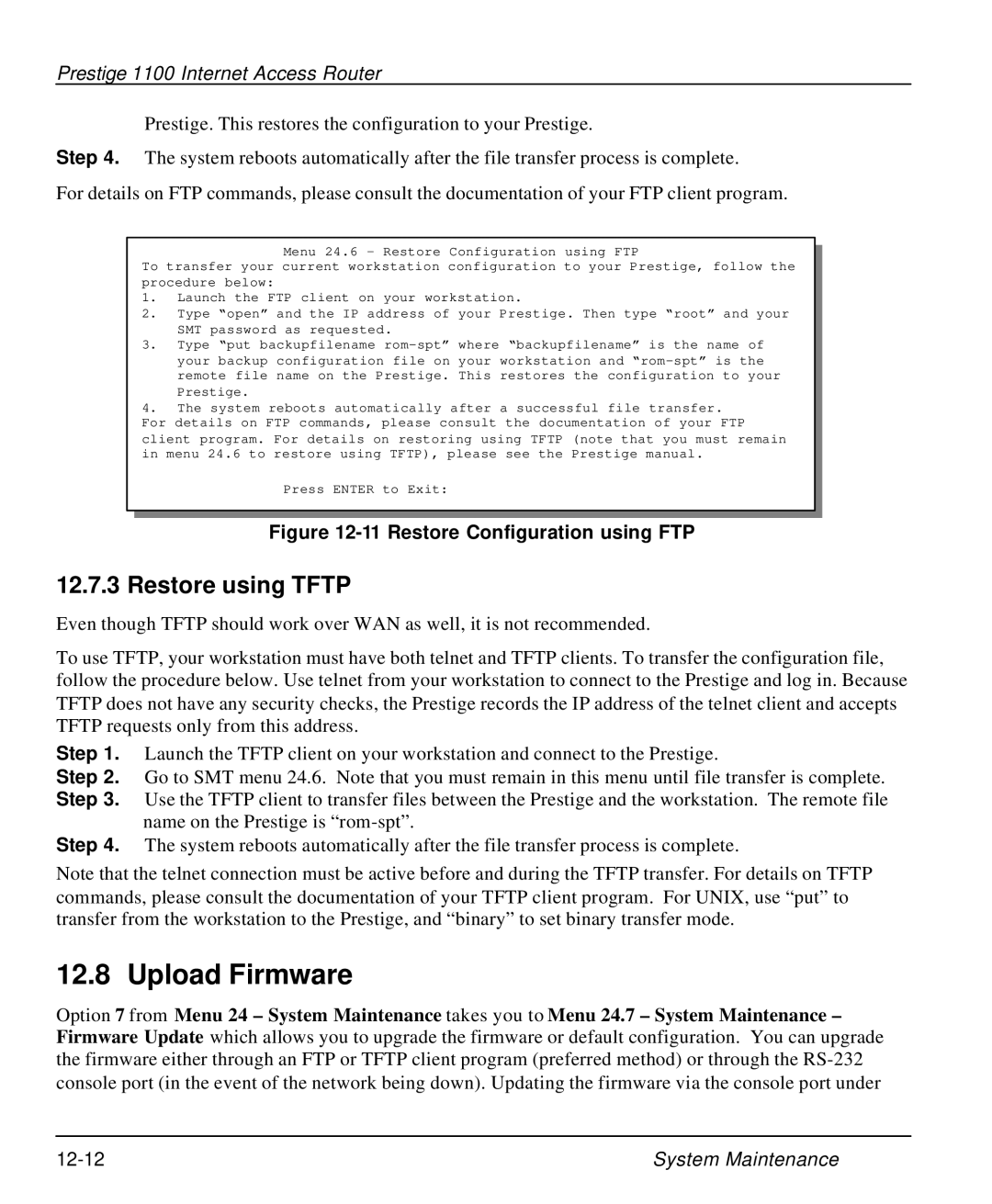 ZyXEL Communications P-1100 manual Upload Firmware, Restore using Tftp 