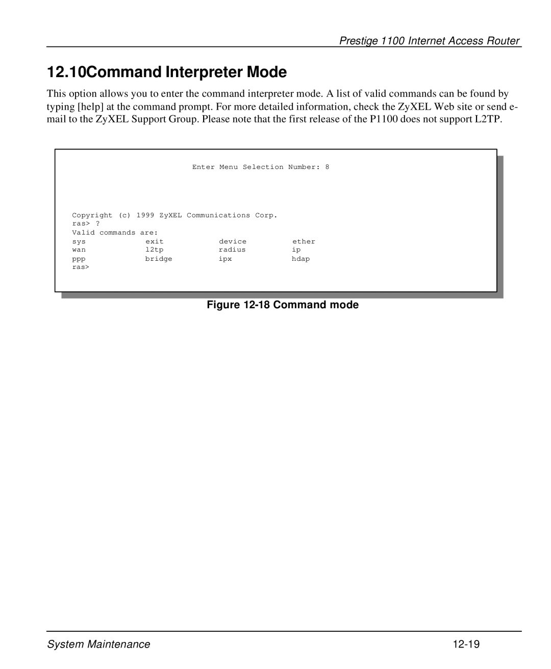 ZyXEL Communications P-1100 manual 12.10Command Interpreter Mode, Command mode 