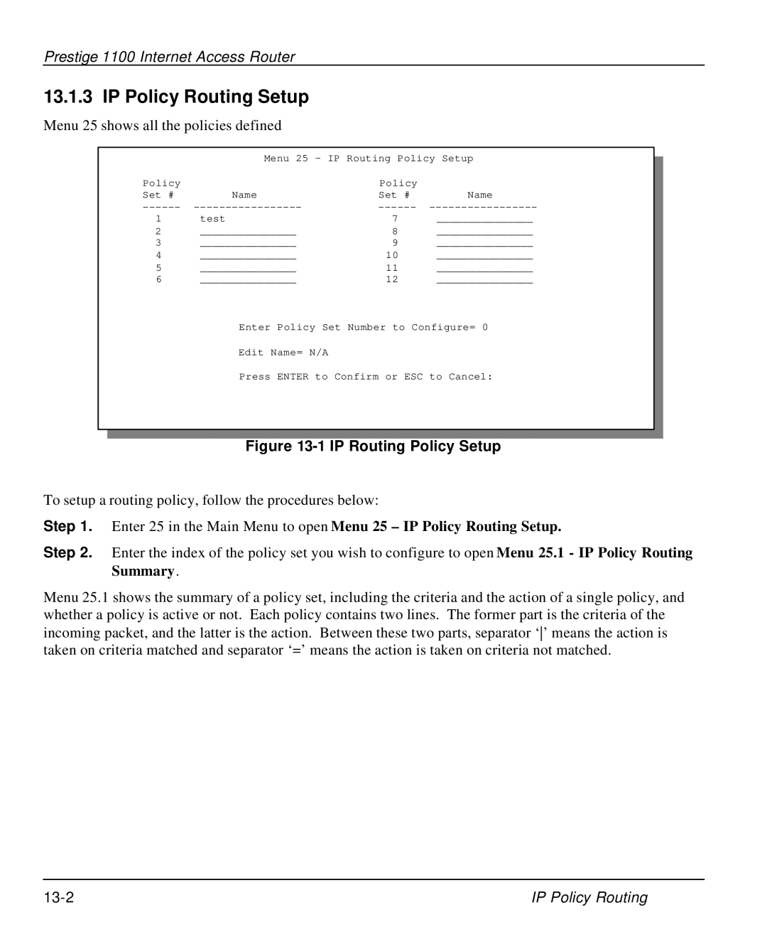 ZyXEL Communications P-1100 manual IP Policy Routing Setup, IP Routing Policy Setup 