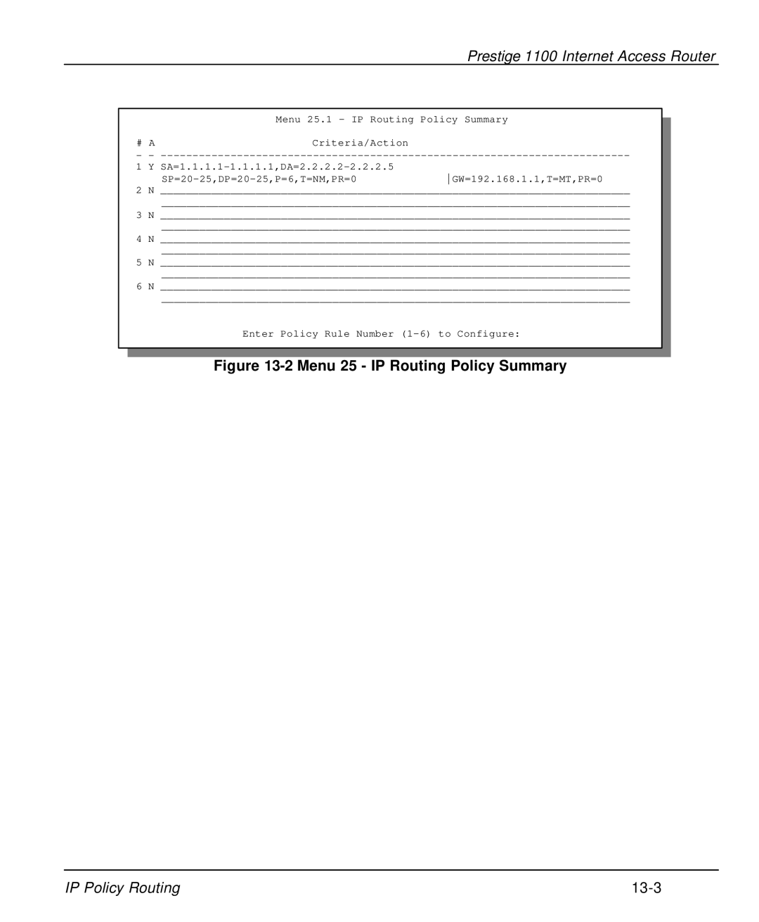 ZyXEL Communications P-1100 manual Menu 25 IP Routing Policy Summary 