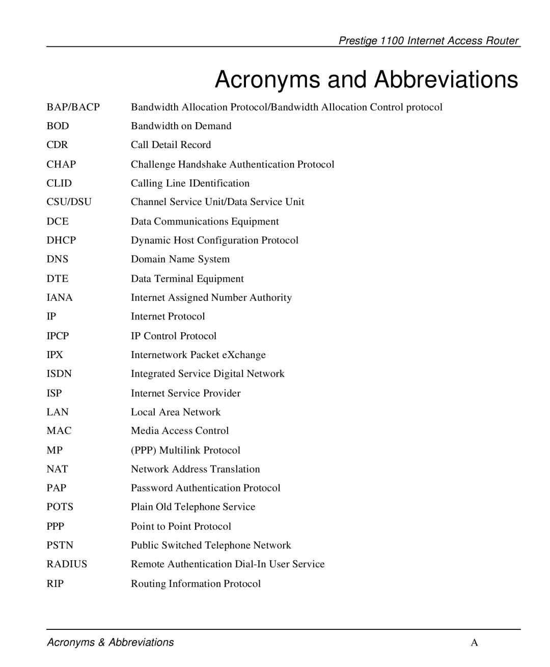 ZyXEL Communications P-1100 manual Acronyms and Abbreviations 