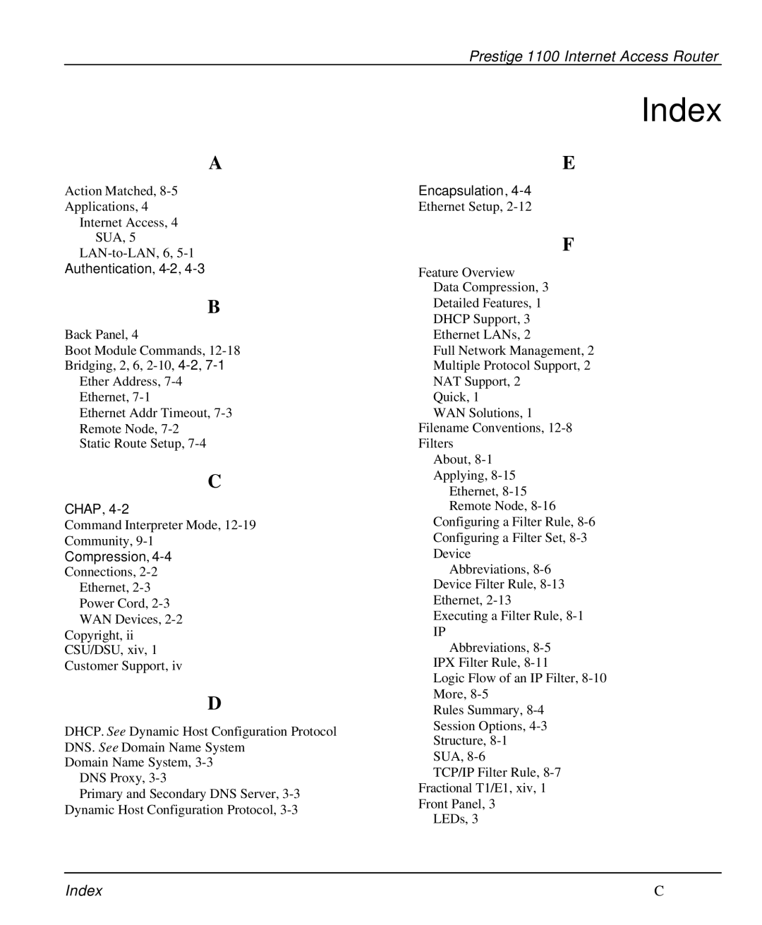 ZyXEL Communications P-1100 manual Index 