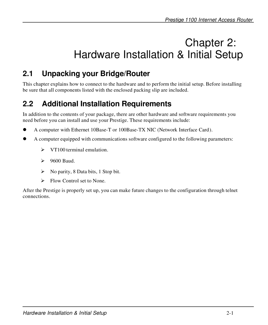 ZyXEL Communications P-1100 manual Chapter Hardware Installation & Initial Setup, Unpacking your Bridge/Router 