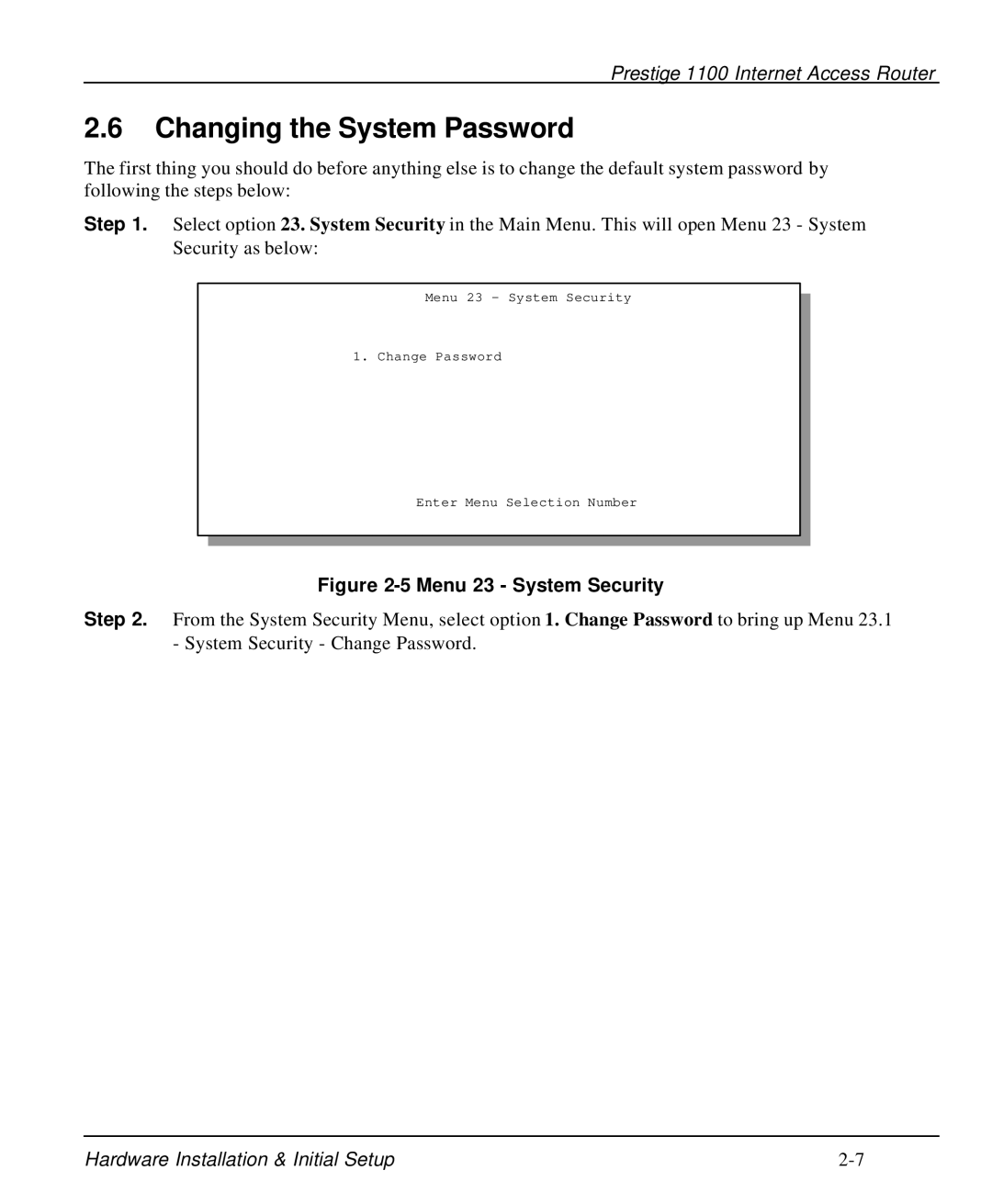 ZyXEL Communications P-1100 manual Changing the System Password, Menu 23 System Security 