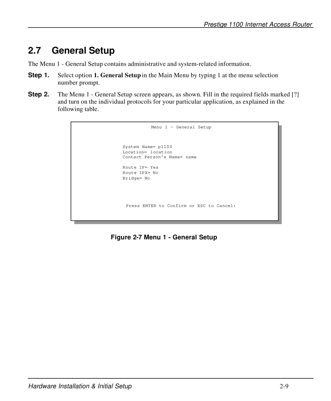 ZyXEL Communications P-1100 manual Menu 1 General Setup 