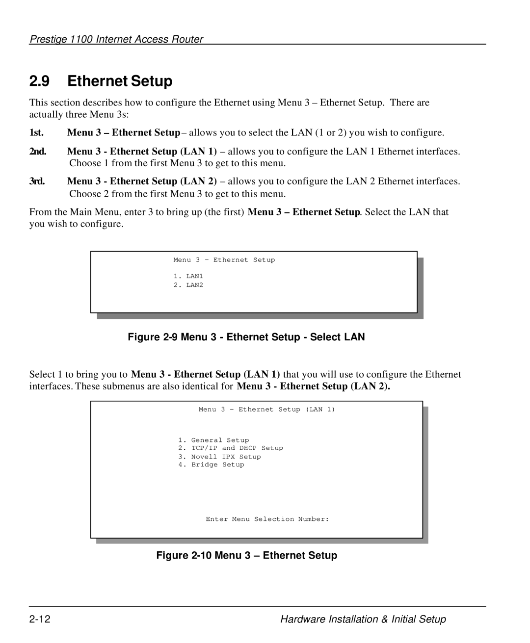 ZyXEL Communications P-1100 manual Menu 3 Ethernet Setup Select LAN 