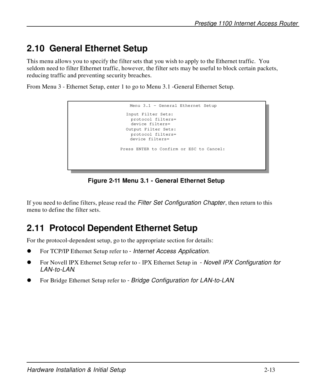 ZyXEL Communications P-1100 manual General Ethernet Setup, Protocol Dependent Ethernet Setup 