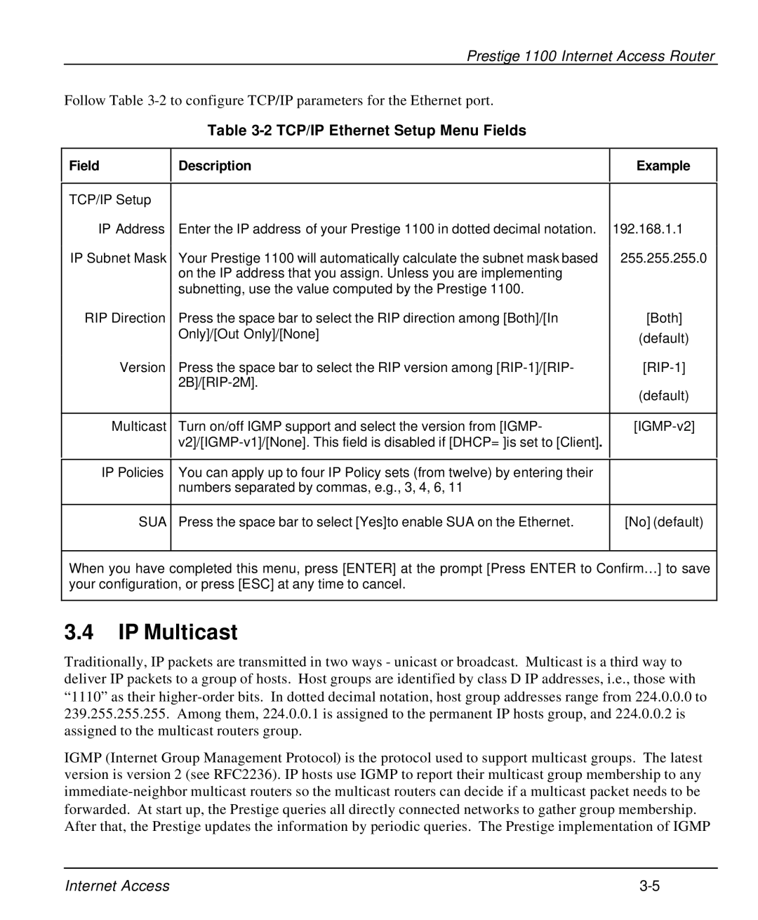 ZyXEL Communications P-1100 manual IP Multicast, TCP/IP Ethernet Setup Menu Fields 