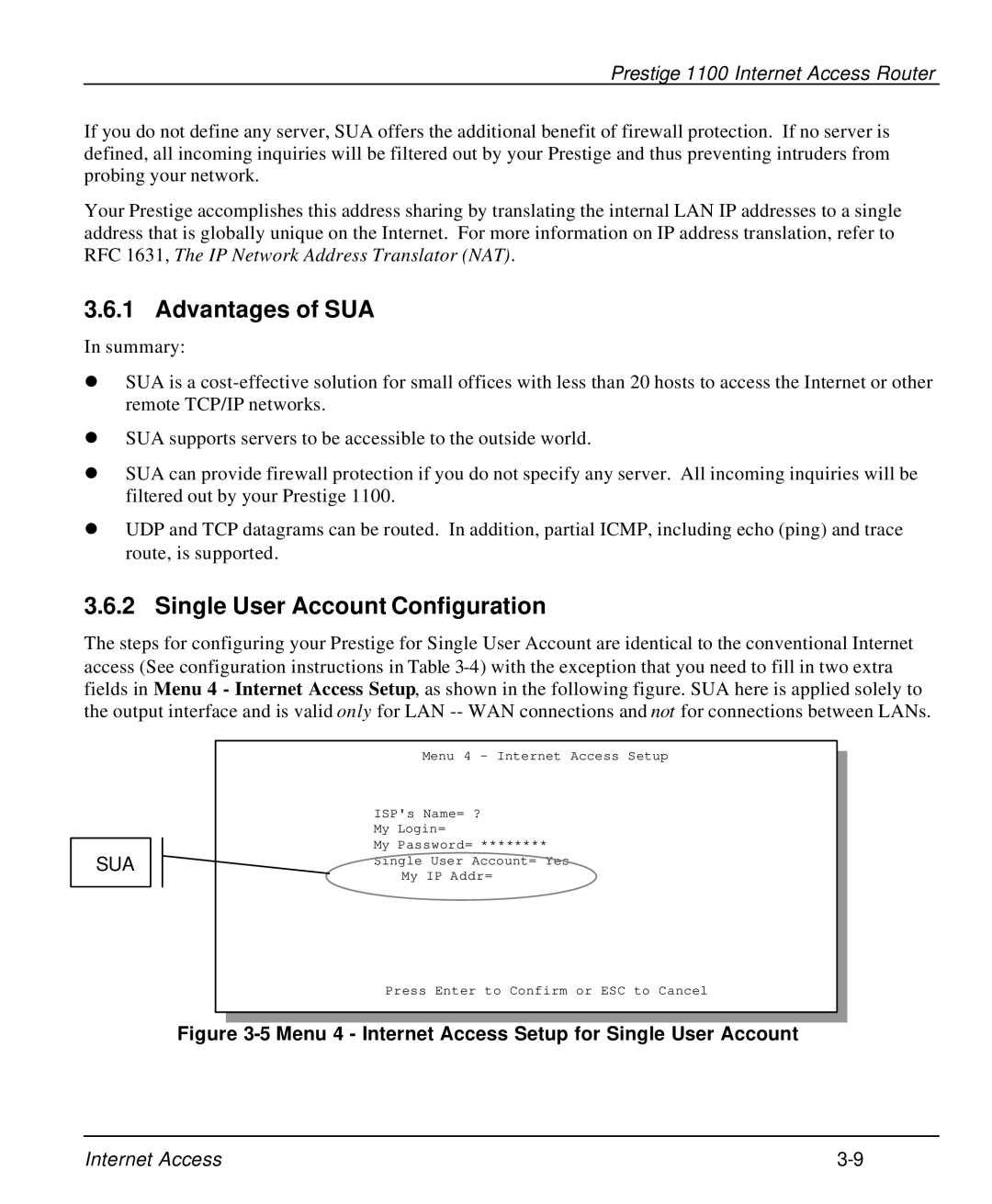 ZyXEL Communications P-1100 manual Advantages of SUA, Single User Account Configuration 