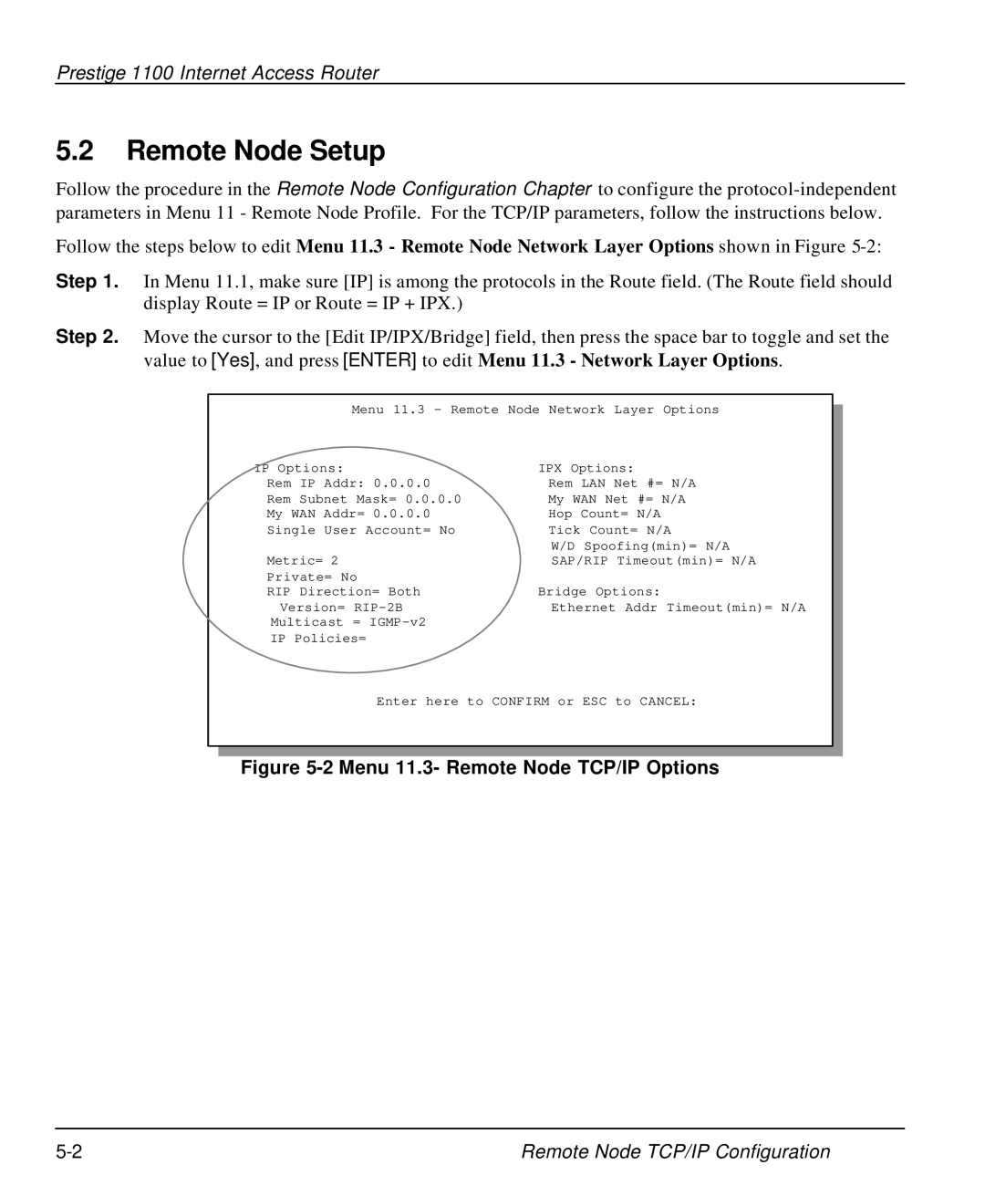 ZyXEL Communications P-1100 manual Remote Node Setup, Menu 11.3- Remote Node TCP/IP Options 