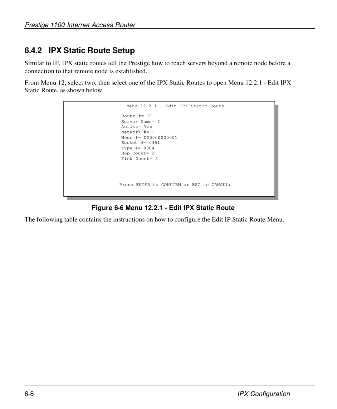 ZyXEL Communications P-1100 manual IPX Static Route Setup, Menu 12.2.1 Edit IPX Static Route 