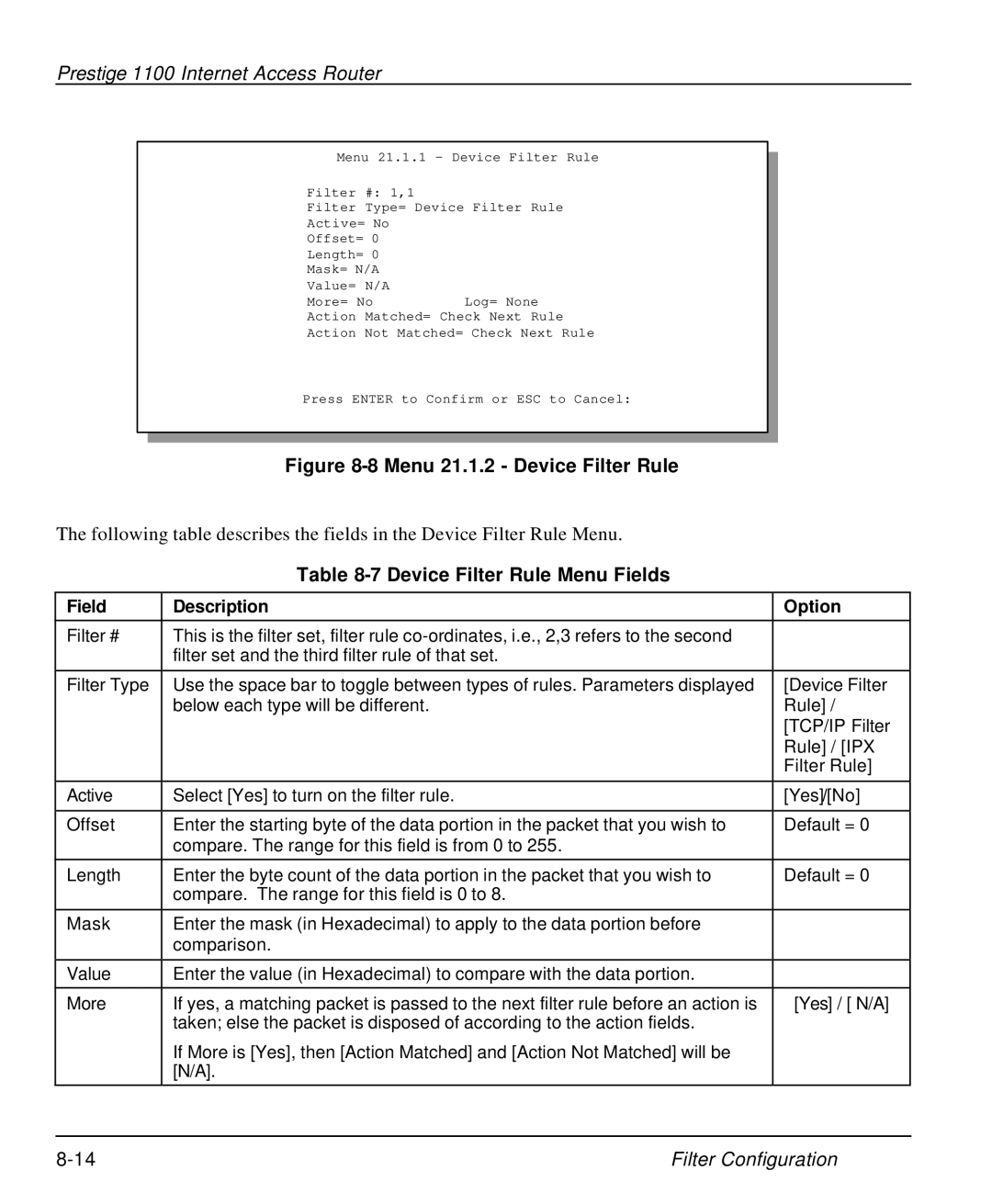 ZyXEL Communications P-1100 manual Menu 21.1.2 Device Filter Rule, Device Filter Rule Menu Fields 