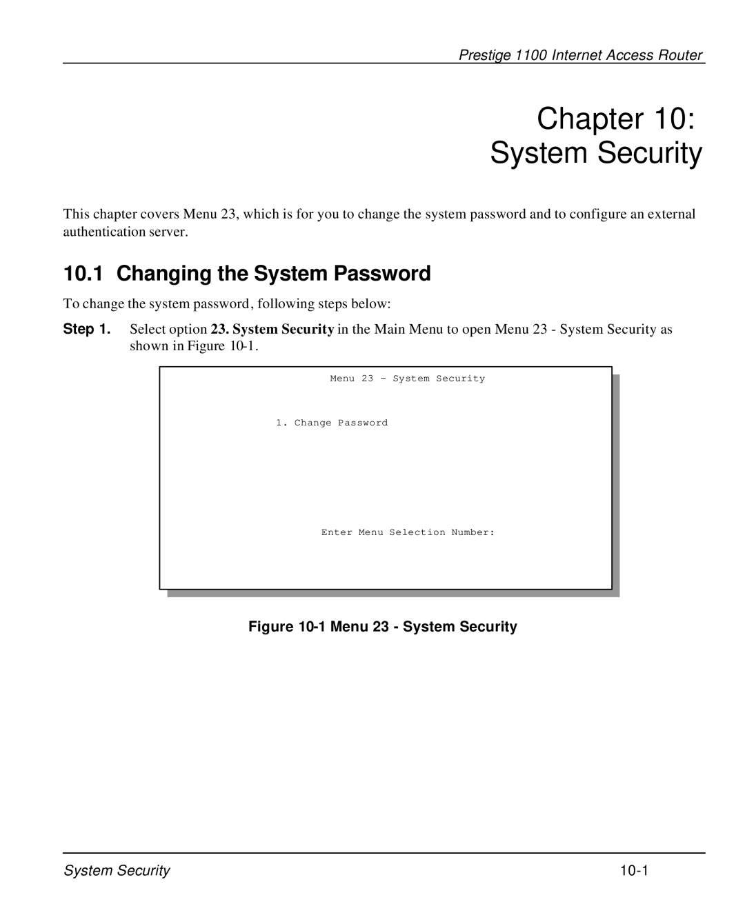 ZyXEL Communications P-1100 manual Chapter System Security, Menu 23 System Security 