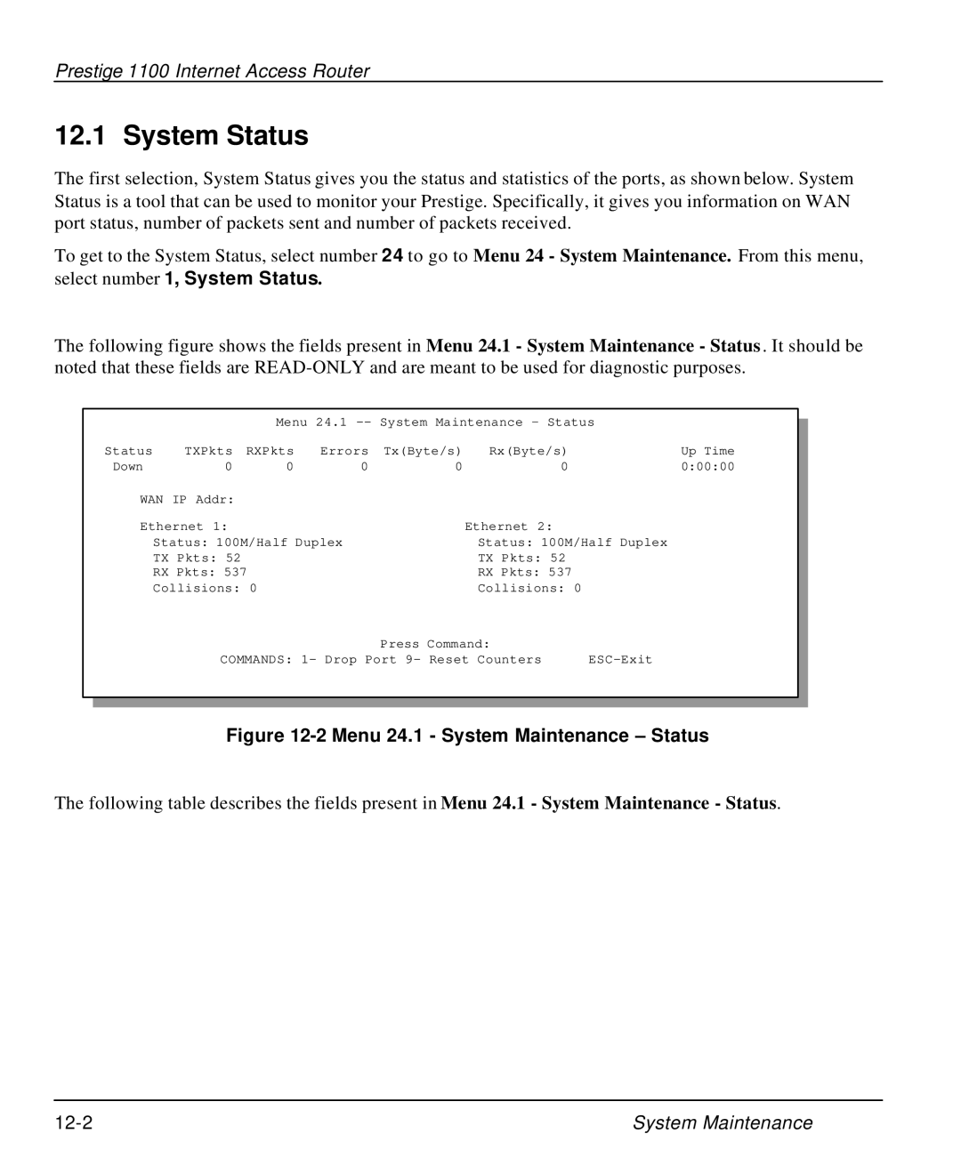 ZyXEL Communications P-1100 manual System Status, Menu 24.1 System Maintenance Status 