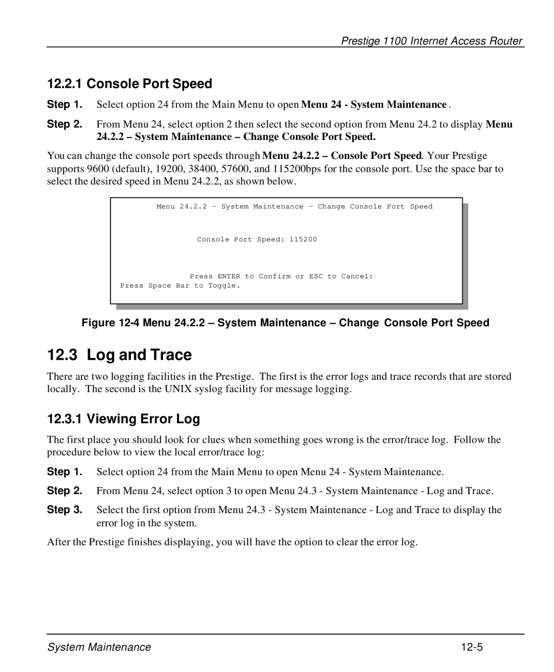 ZyXEL Communications P-1100 manual Log and Trace, Console Port Speed, Viewing Error Log 