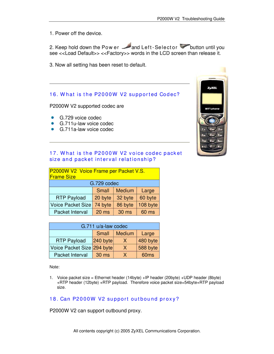 ZyXEL Communications P-2000W V2 manual What is the P2000W V2 supported Codec?, Can P2000W V2 support outbound proxy? 