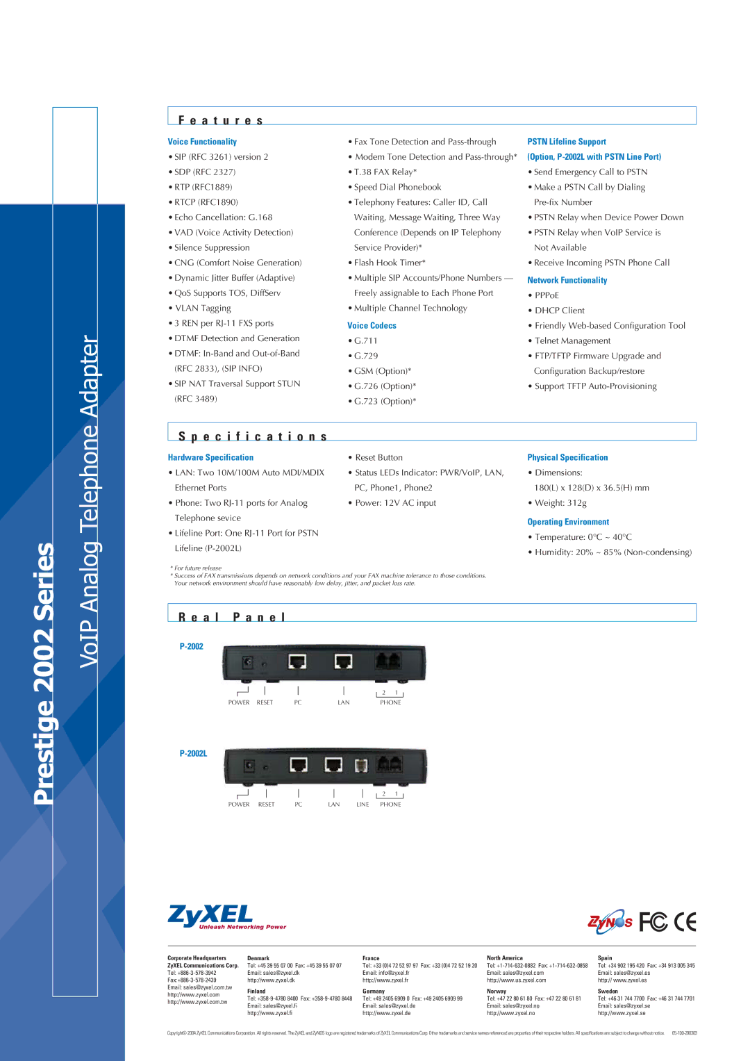 ZyXEL Communications P-2002 manual A t u r e s, Specification s, A l P a n e l 