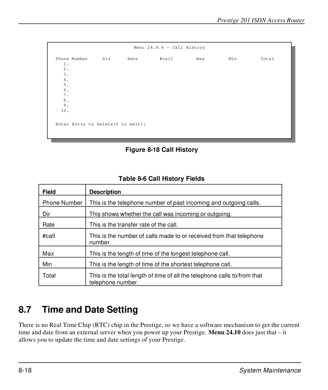 ZyXEL Communications P-202 manual Time and Date Setting, Call History Call History Fields 