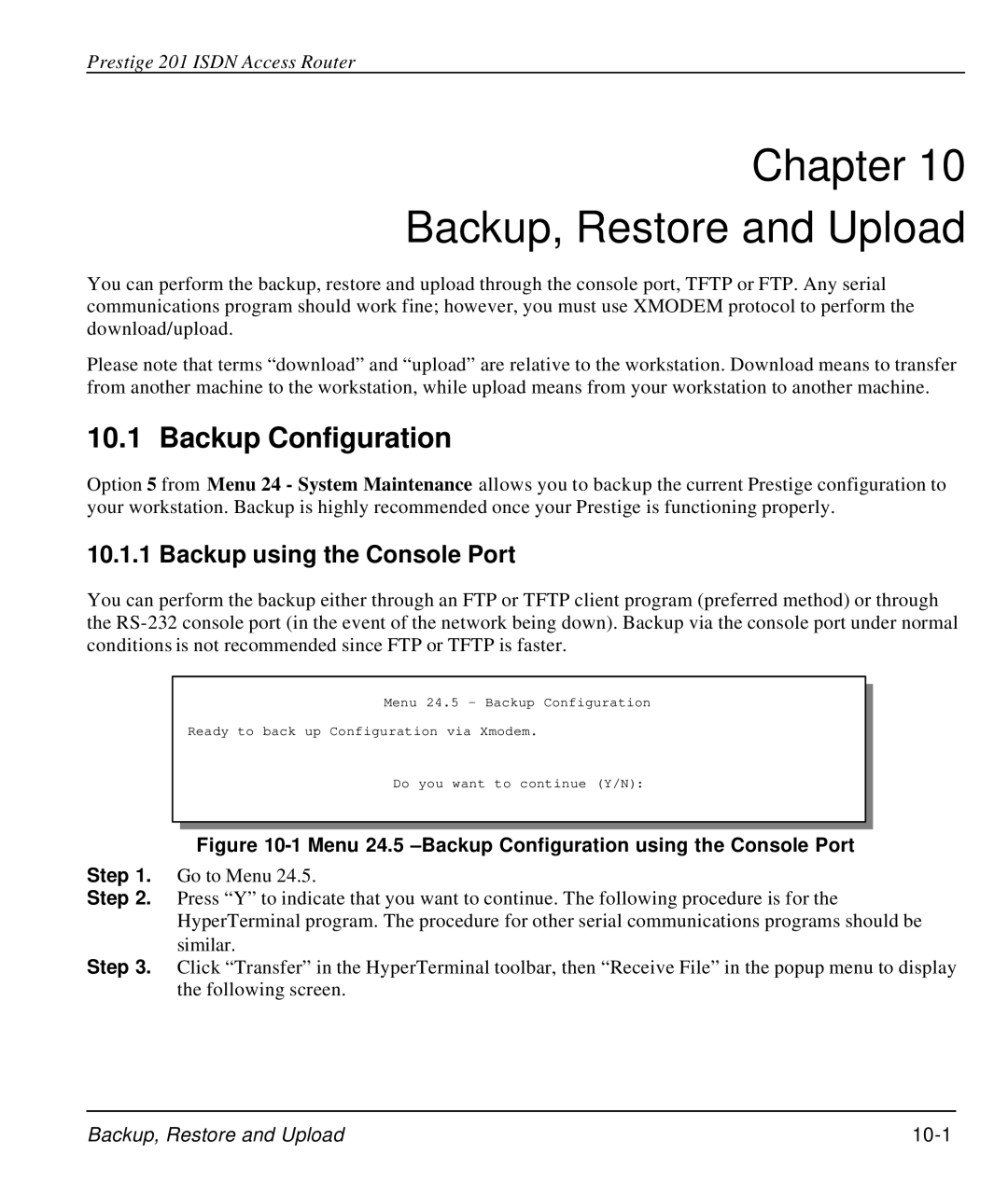 ZyXEL Communications P-202 manual Chapter Backup, Restore and Upload, Backup Configuration, Backup using the Console Port 