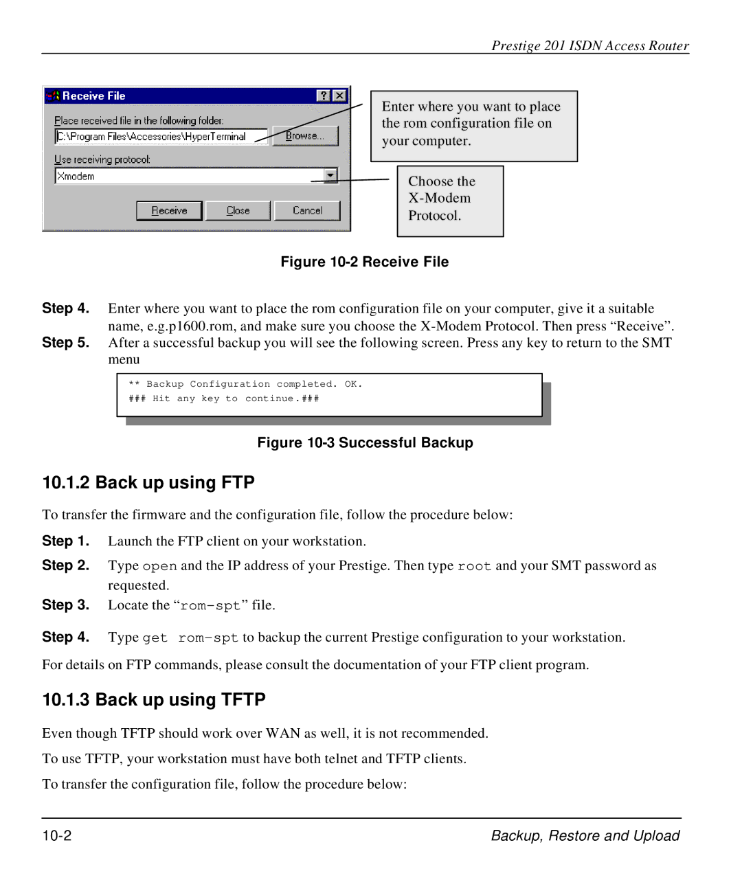 ZyXEL Communications P-202 manual Back up using FTP, Back up using Tftp, Backup, Restore and Upload 