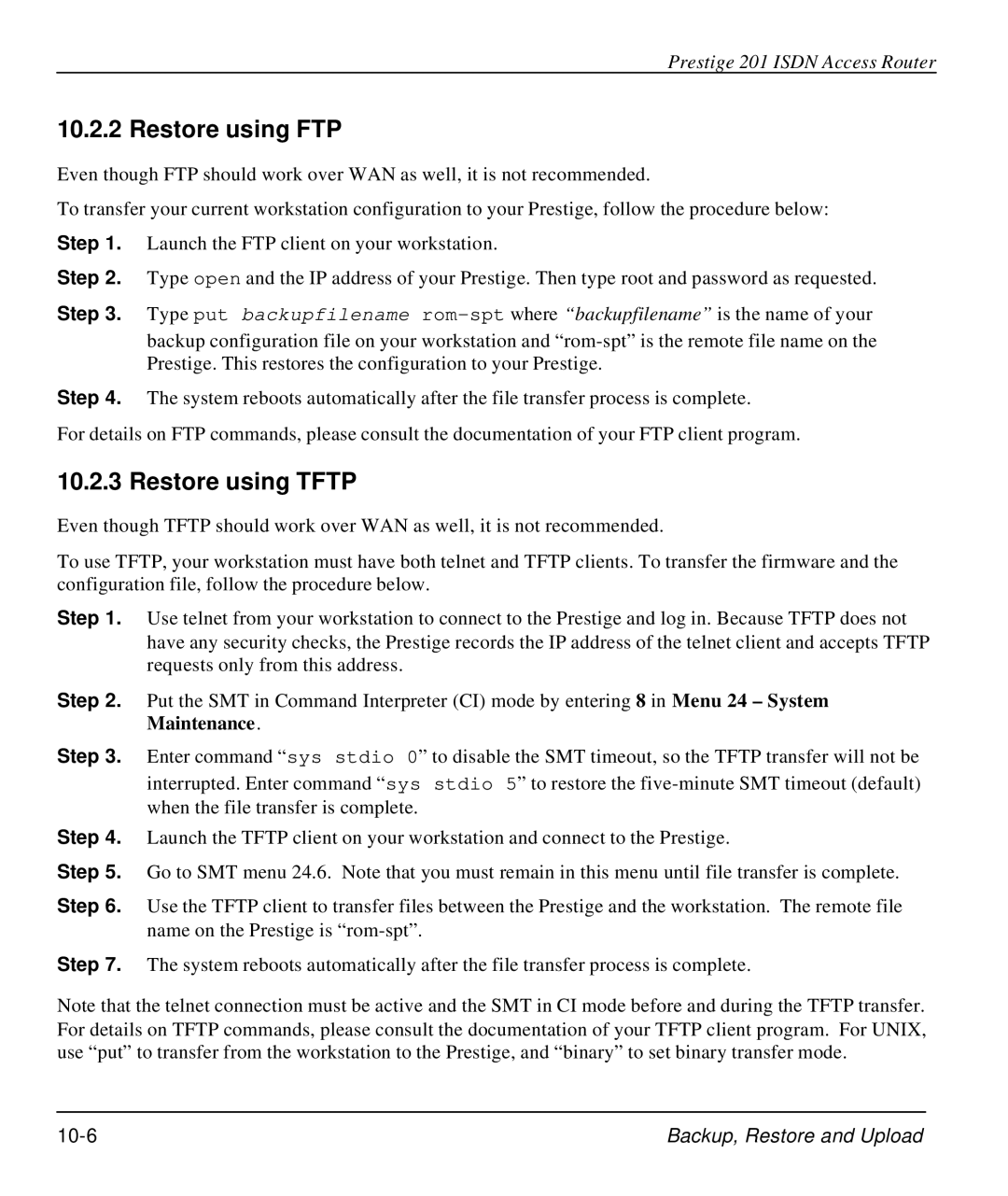 ZyXEL Communications P-202 manual Restore using FTP, Restore using Tftp 