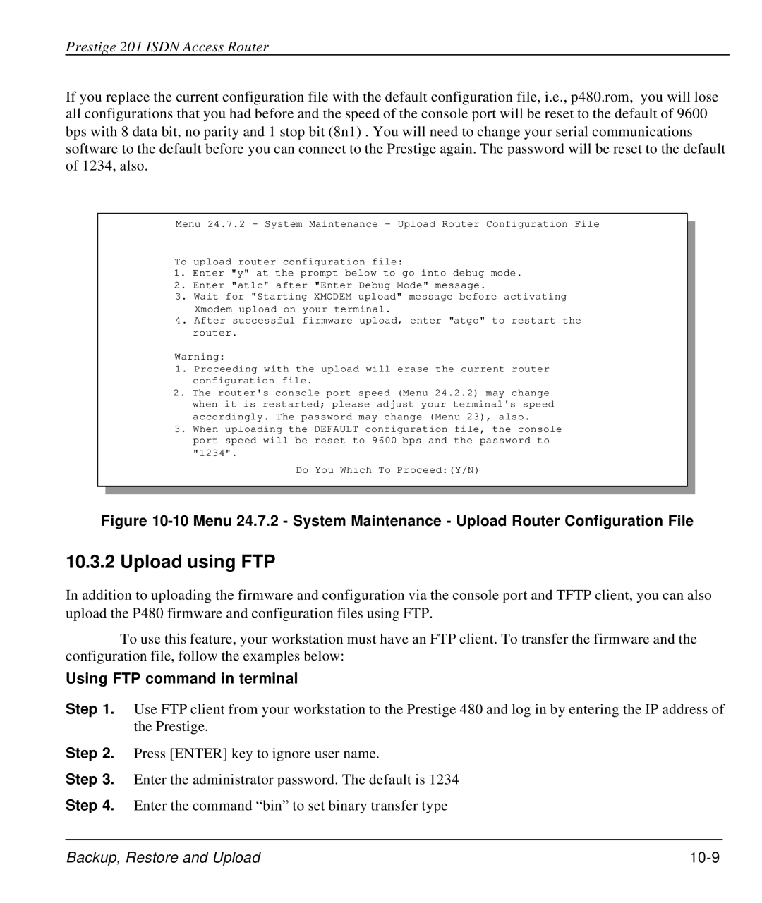 ZyXEL Communications P-202 manual Upload using FTP, Using FTP command in terminal, Backup, Restore and Upload 10-9 