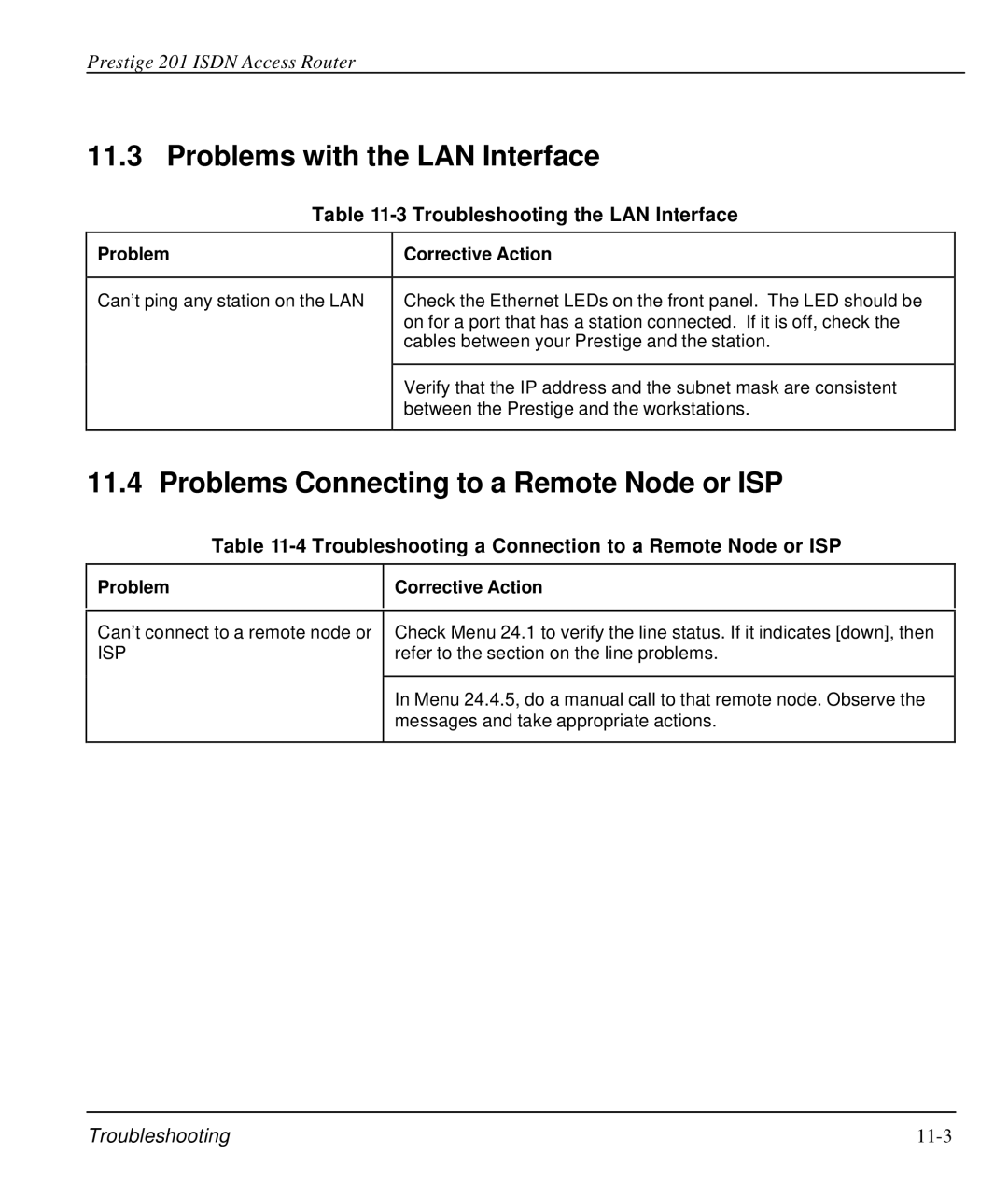 ZyXEL Communications P-202 manual Problems with the LAN Interface, Problems Connecting to a Remote Node or ISP 